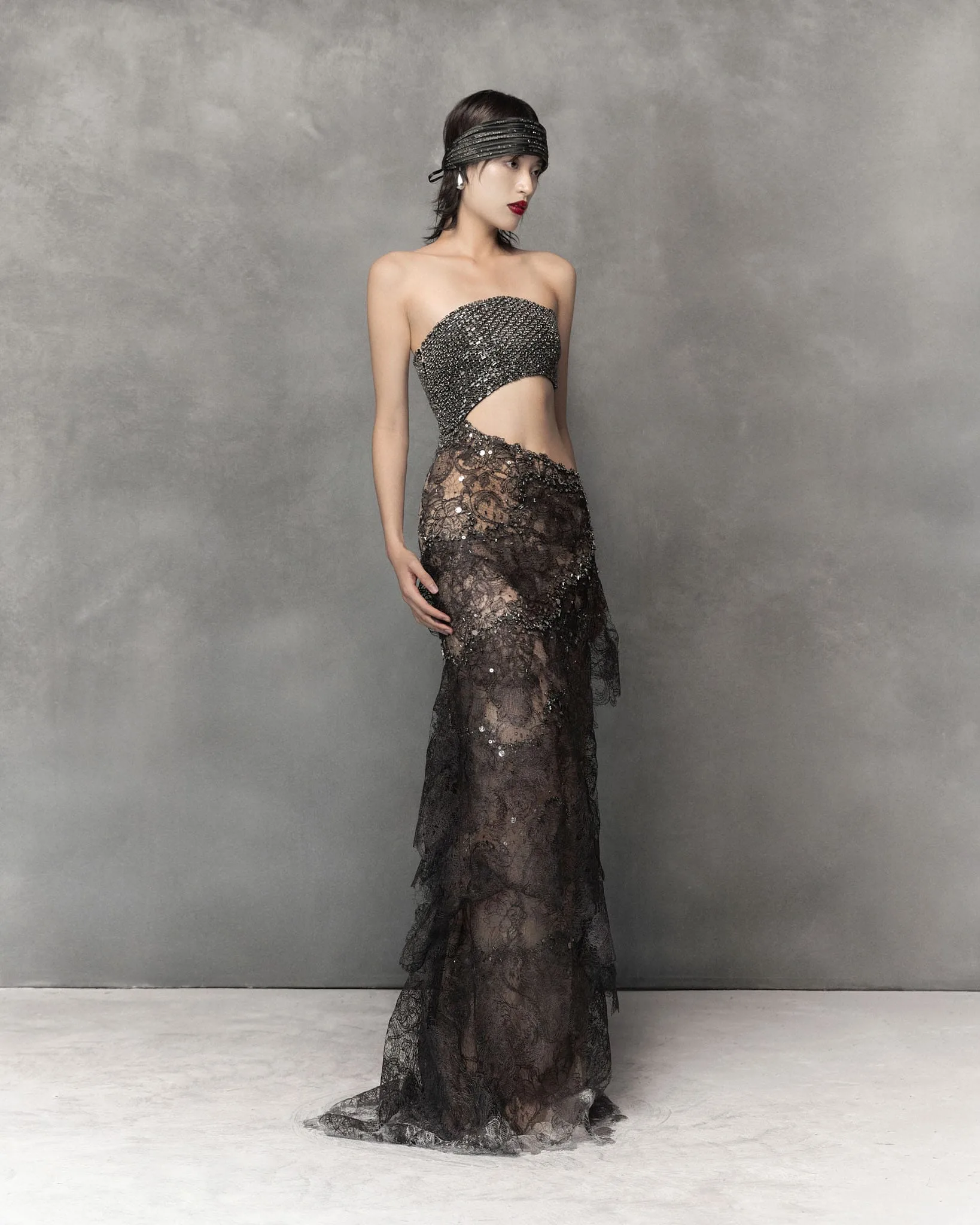 Sheer lace silk dress with cut-out top - Phan Huy Official