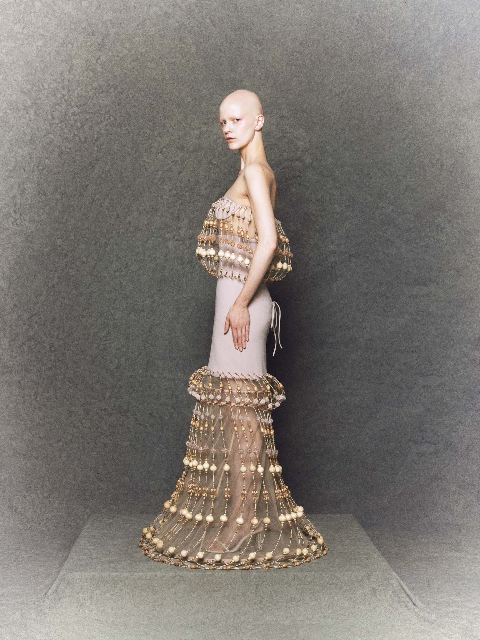 Nude mermaid gown with wooden bead structure, crystal embellishments and sculpting - Image 3