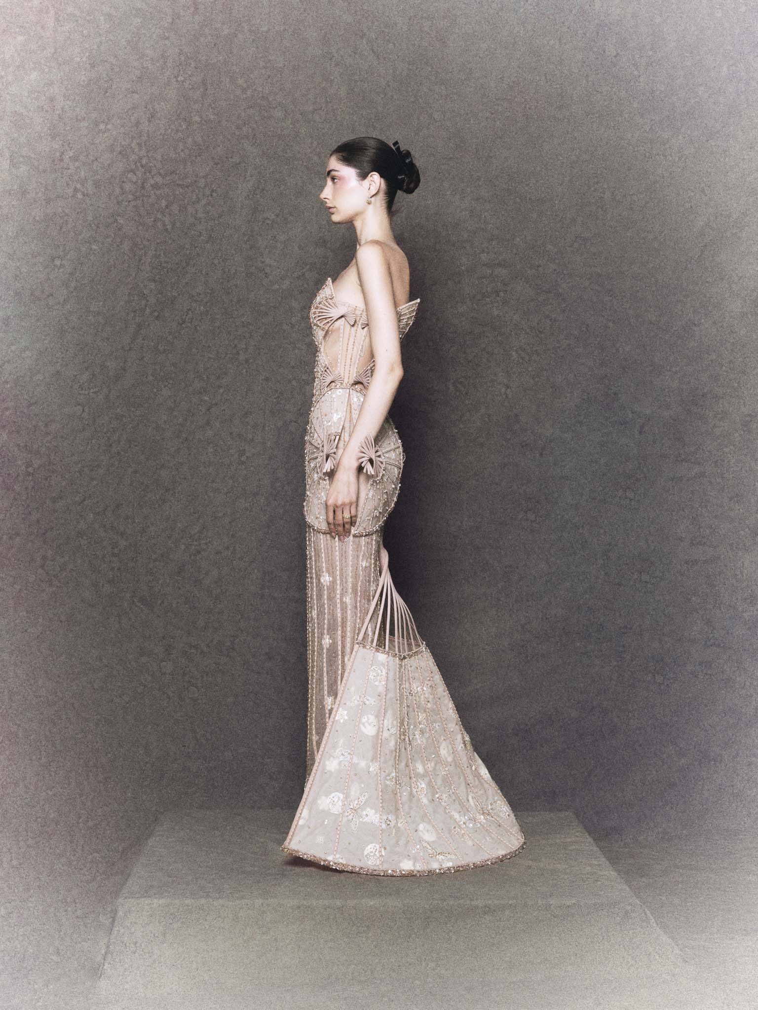 Nude organza strapless gown with hand-embroidered flowers, butterflies, and crystals - Image 3