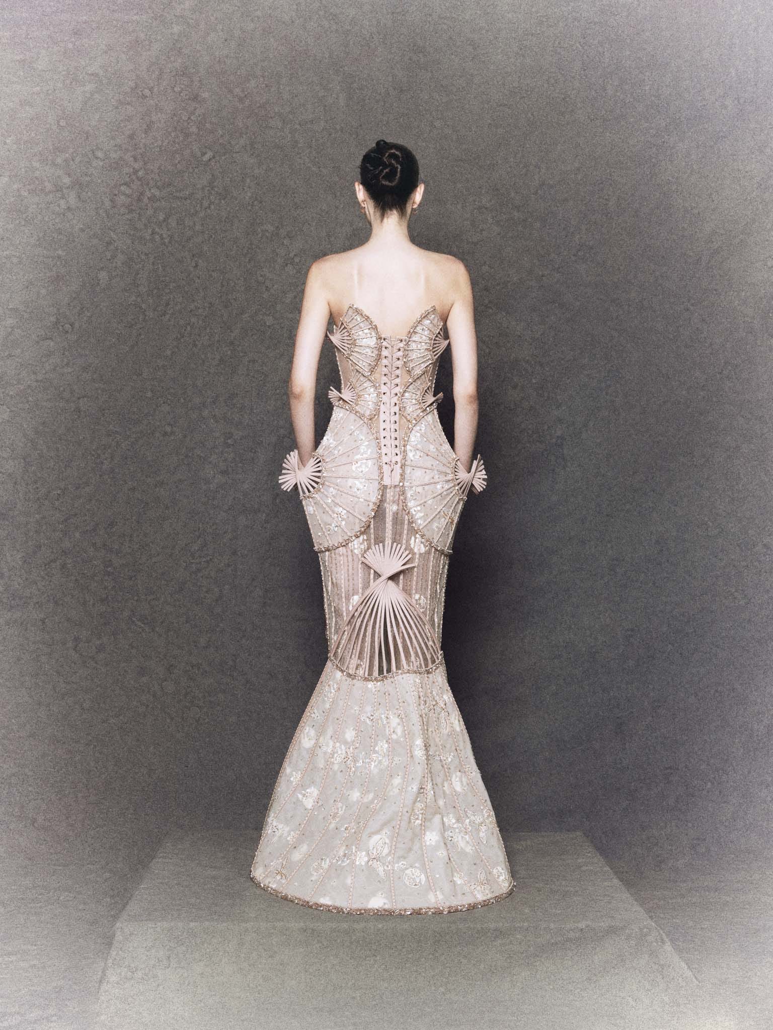 Nude organza strapless gown with hand-embroidered flowers, butterflies, and crystals - Image 2