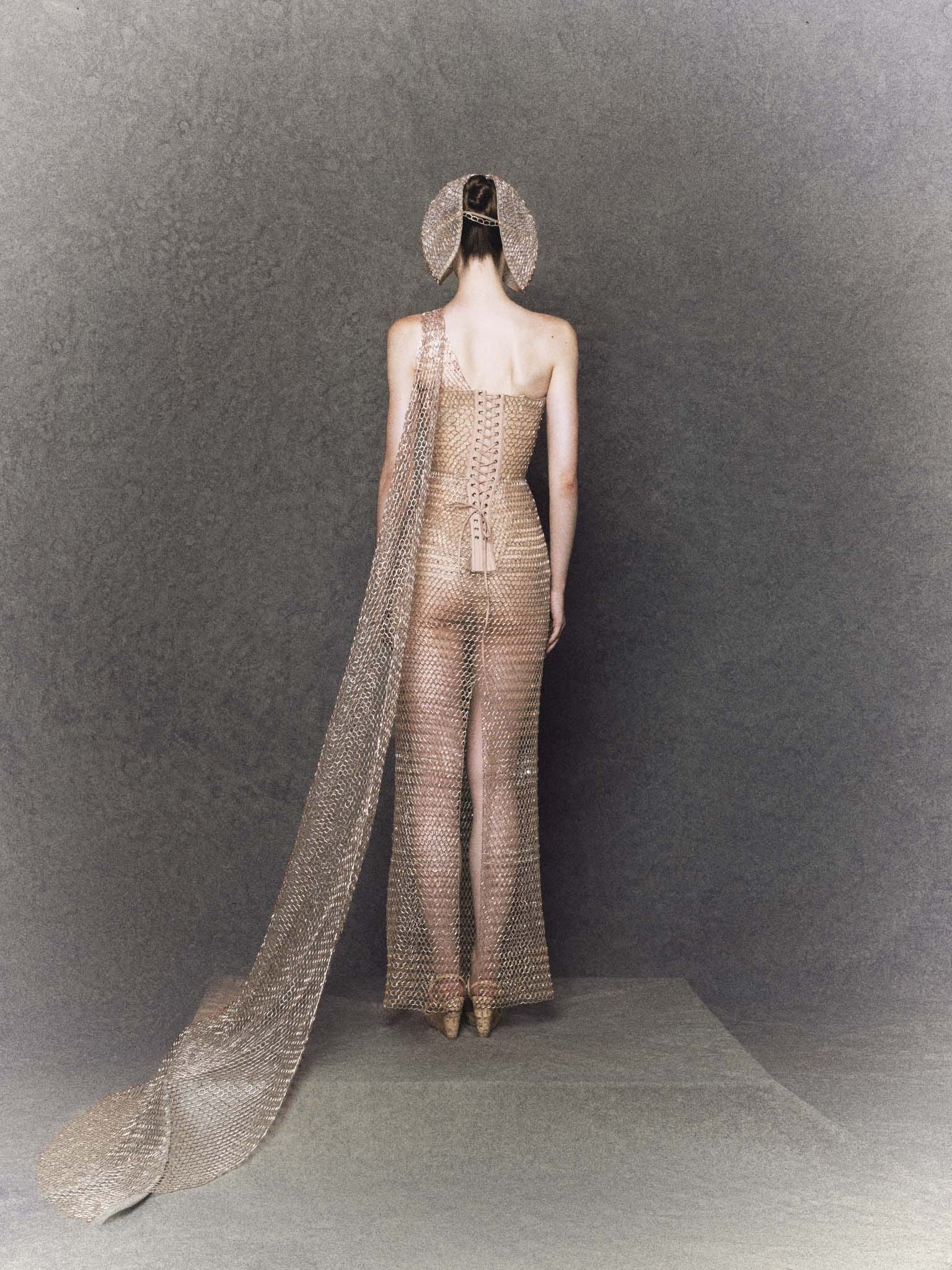 Nude one-shoulder fitted gown fully crafted from bugle beads and crystals - Image 2