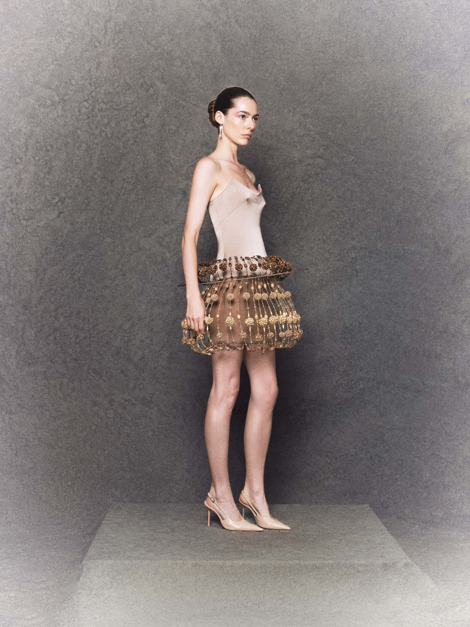 Brown silk sculptural mini dress with wooden beads, crystal accents and structure - Image 3