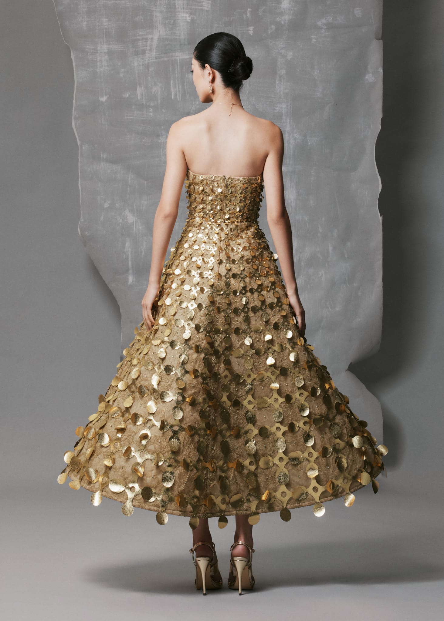 Gold Strapless Layered A-line Gown | Geometric Simili Weave Evening Dress - Image 4