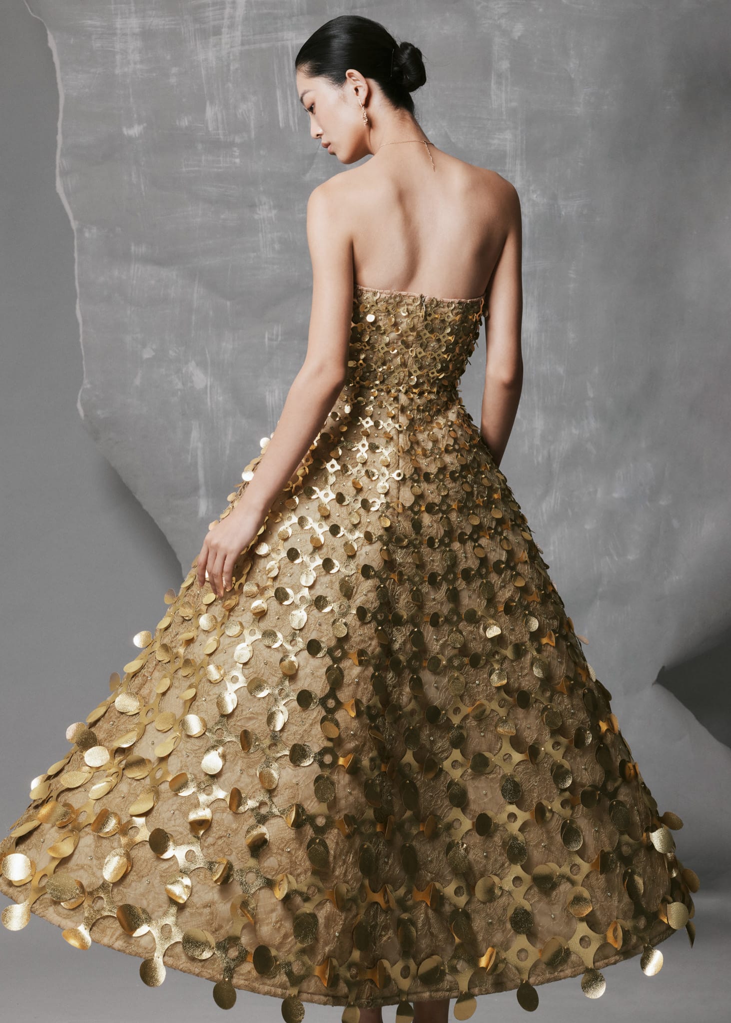 Gold Strapless Layered A-line Gown | Geometric Simili Weave Evening Dress - Image 3