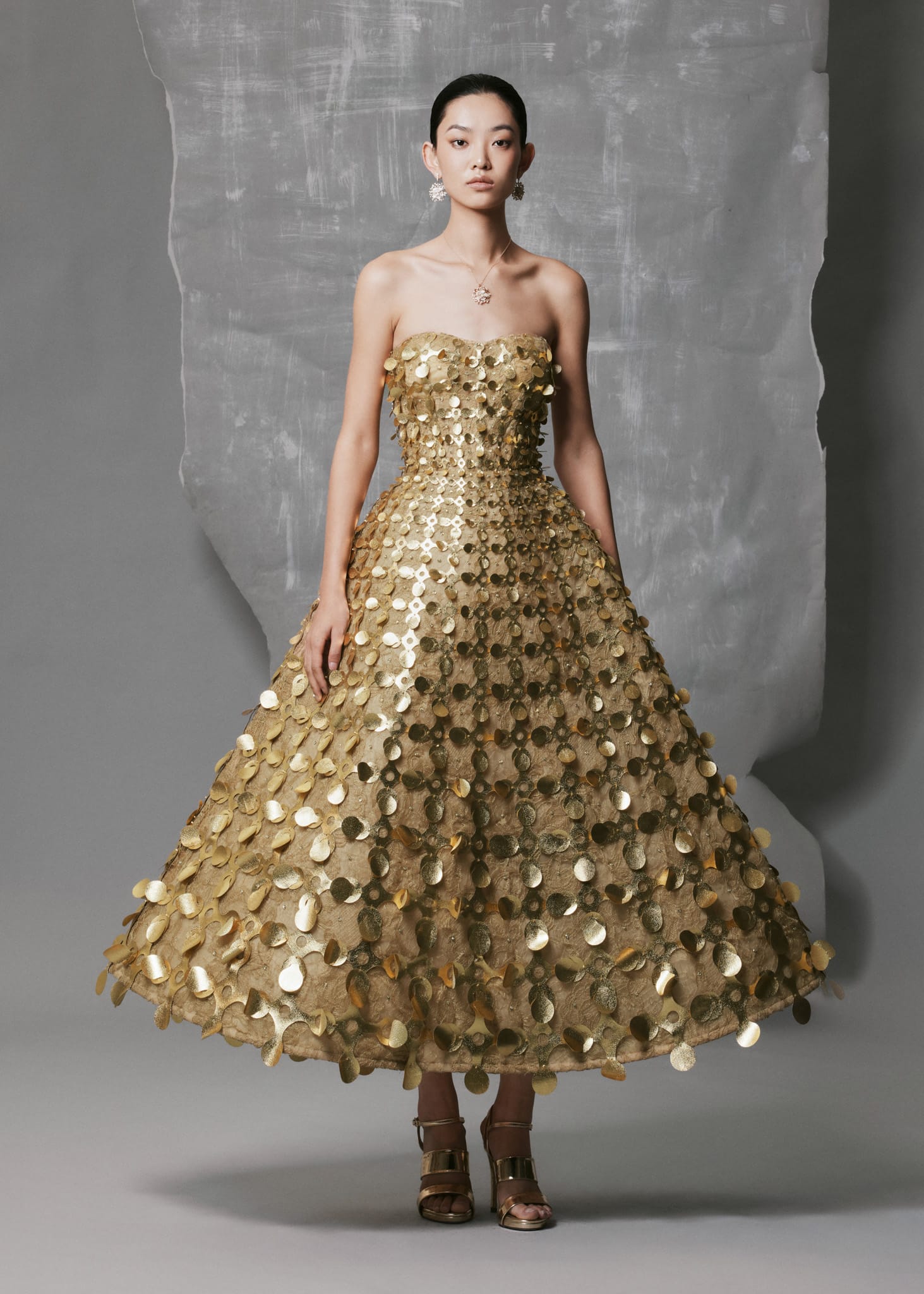 Gold Strapless Layered A-line Gown | Geometric Simili Weave Evening Dress - Image 5