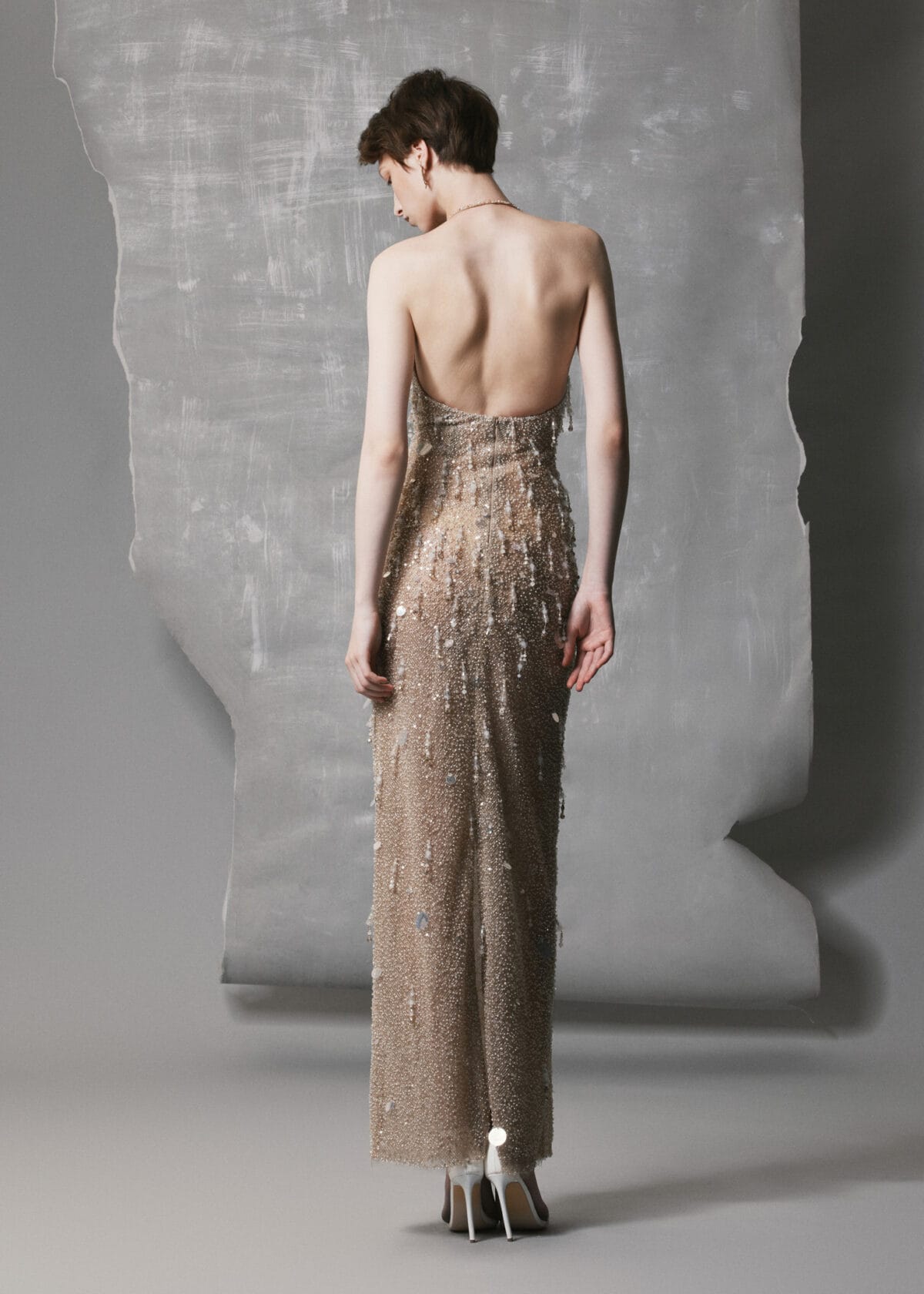 Asymmetric Sequined Mesh Gown with Crystal Drop Evening Dress - 36