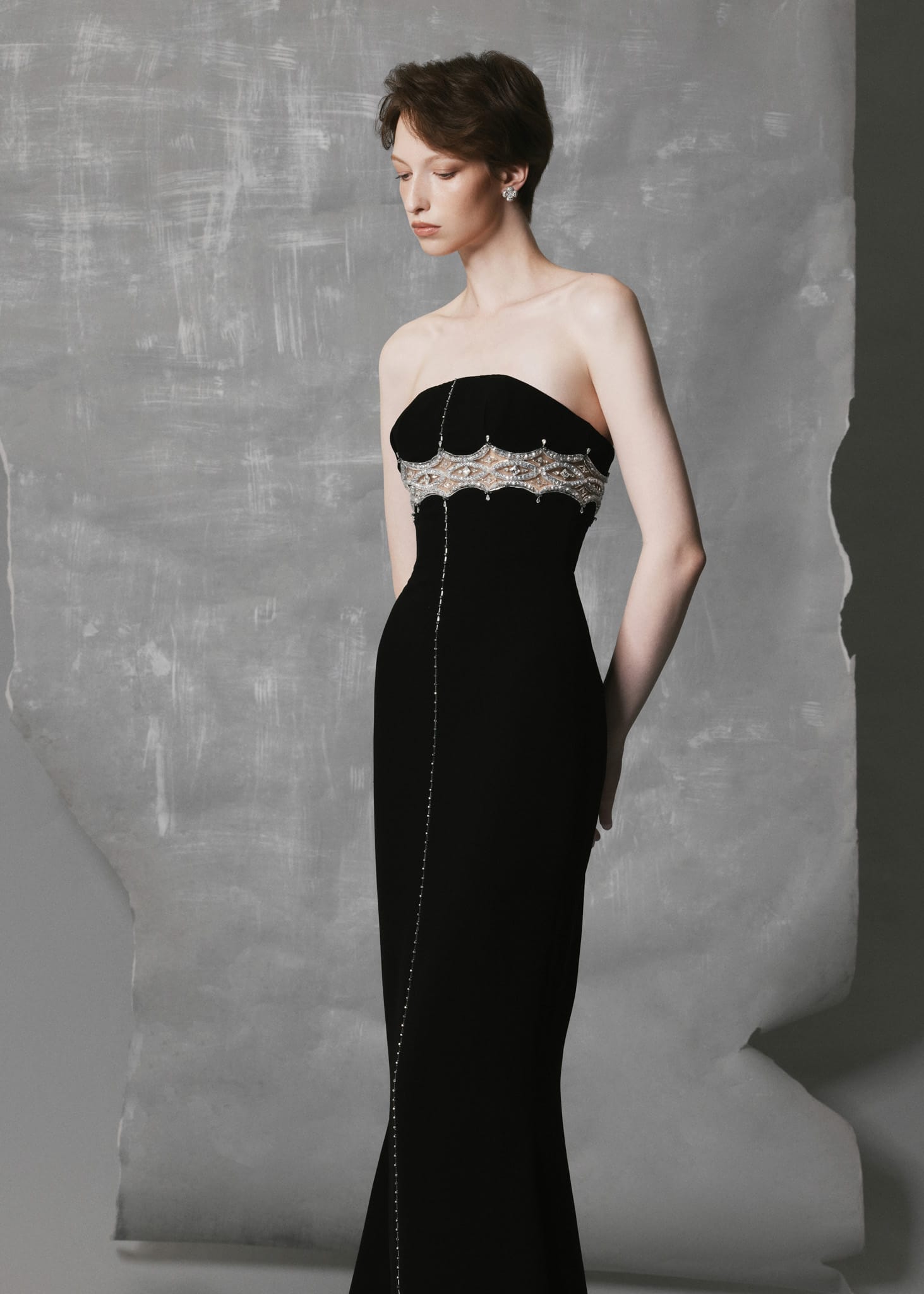 Strapless Black Silk Gown with Crystal Detail Evening Dress - Image 2