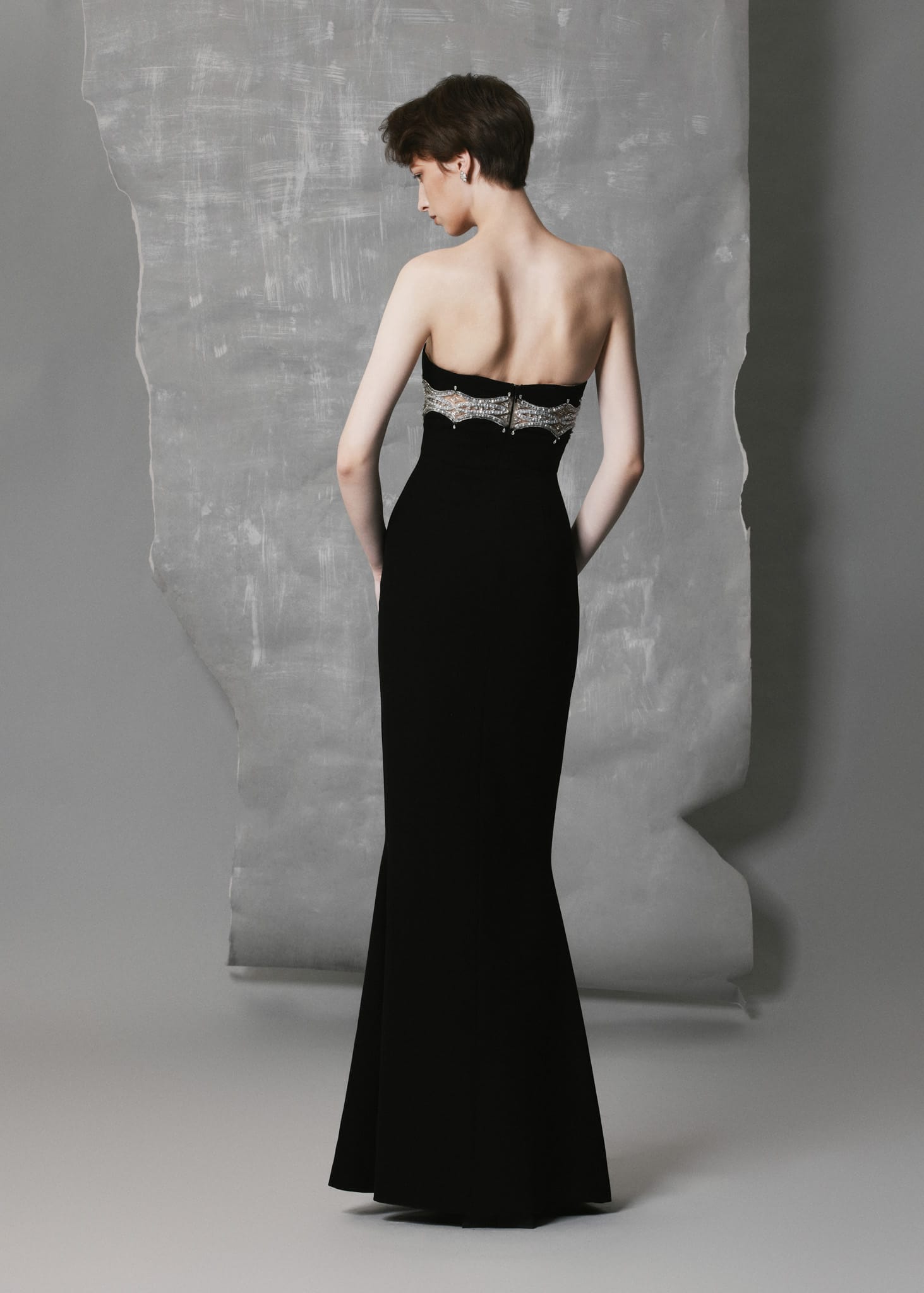 Strapless Black Silk Gown with Crystal Detail Evening Dress - Image 3