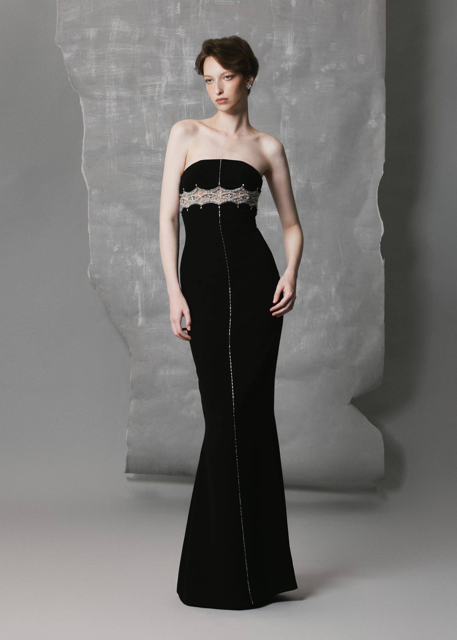 Strapless Black Silk Gown with Crystal Detail Evening Dress - Image 4