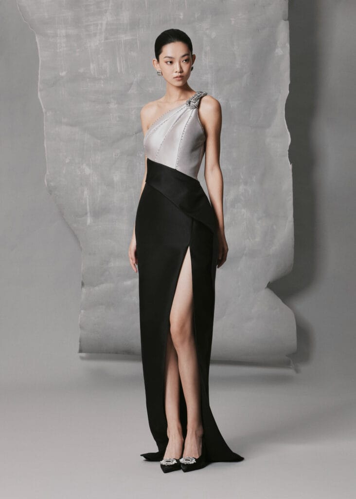 Asymmetric Silver-Gray & Black Taffeta Gown with Crystal Shoulder