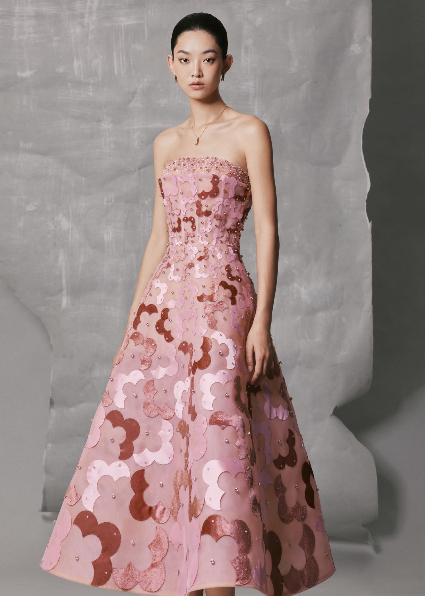 Pink Velvet and Satin Floral Midi Gown | Strapless Crystal-Embellished Dress - Image 4