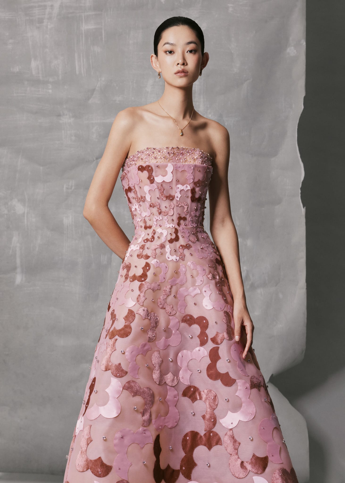 Pink Velvet and Satin Floral Midi Gown | Strapless Crystal-Embellished Dress - Image 2