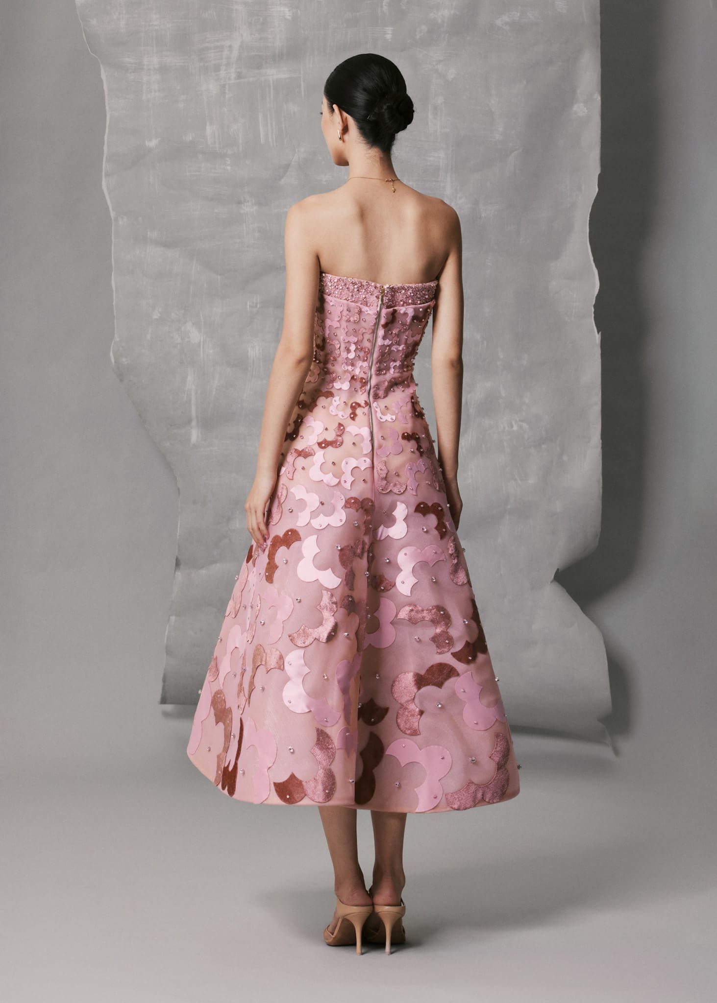 Pink Velvet and Satin Floral Midi Gown | Strapless Crystal-Embellished Dress - Image 5