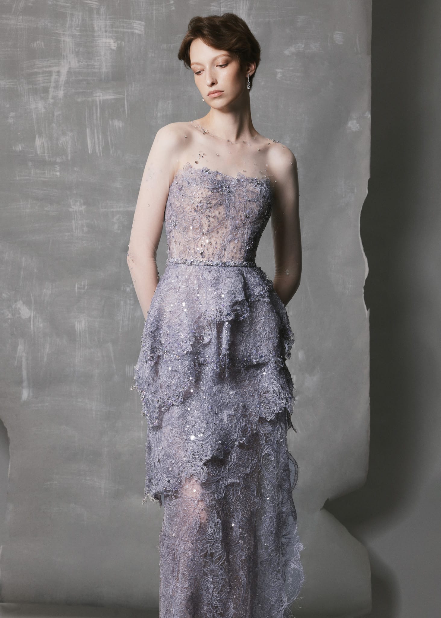 Lavender Layered Lace Gown with Crystal & Beaded Iridescent Evening Dress - Image 2