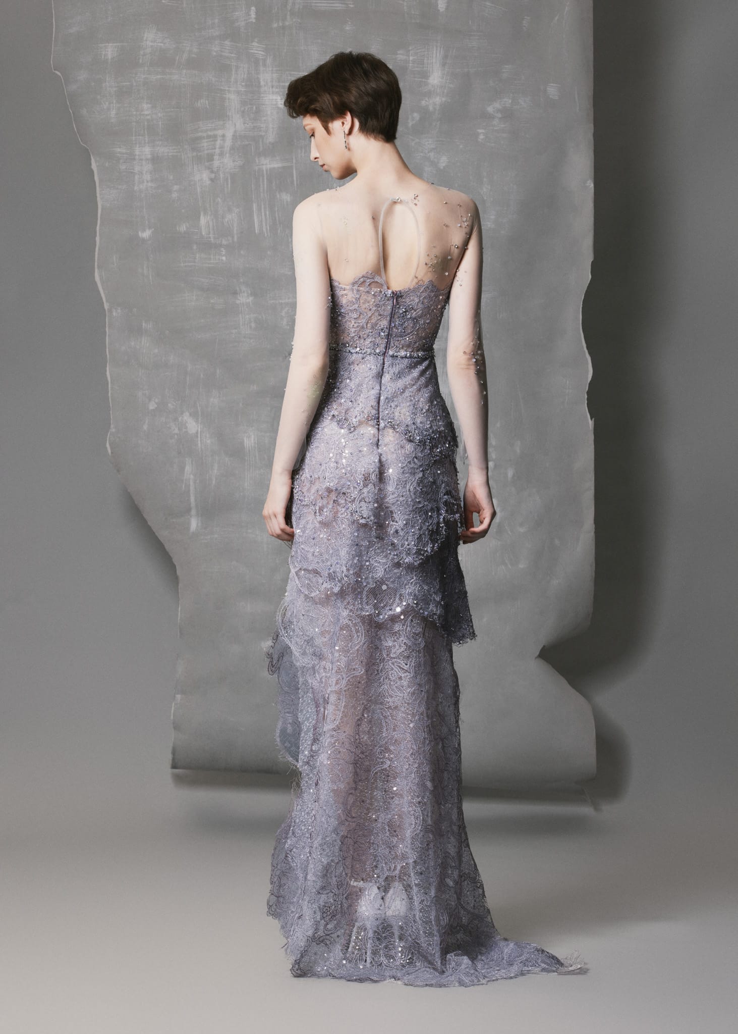 Lavender Layered Lace Gown with Crystal & Beaded Iridescent Evening Dress - Image 3