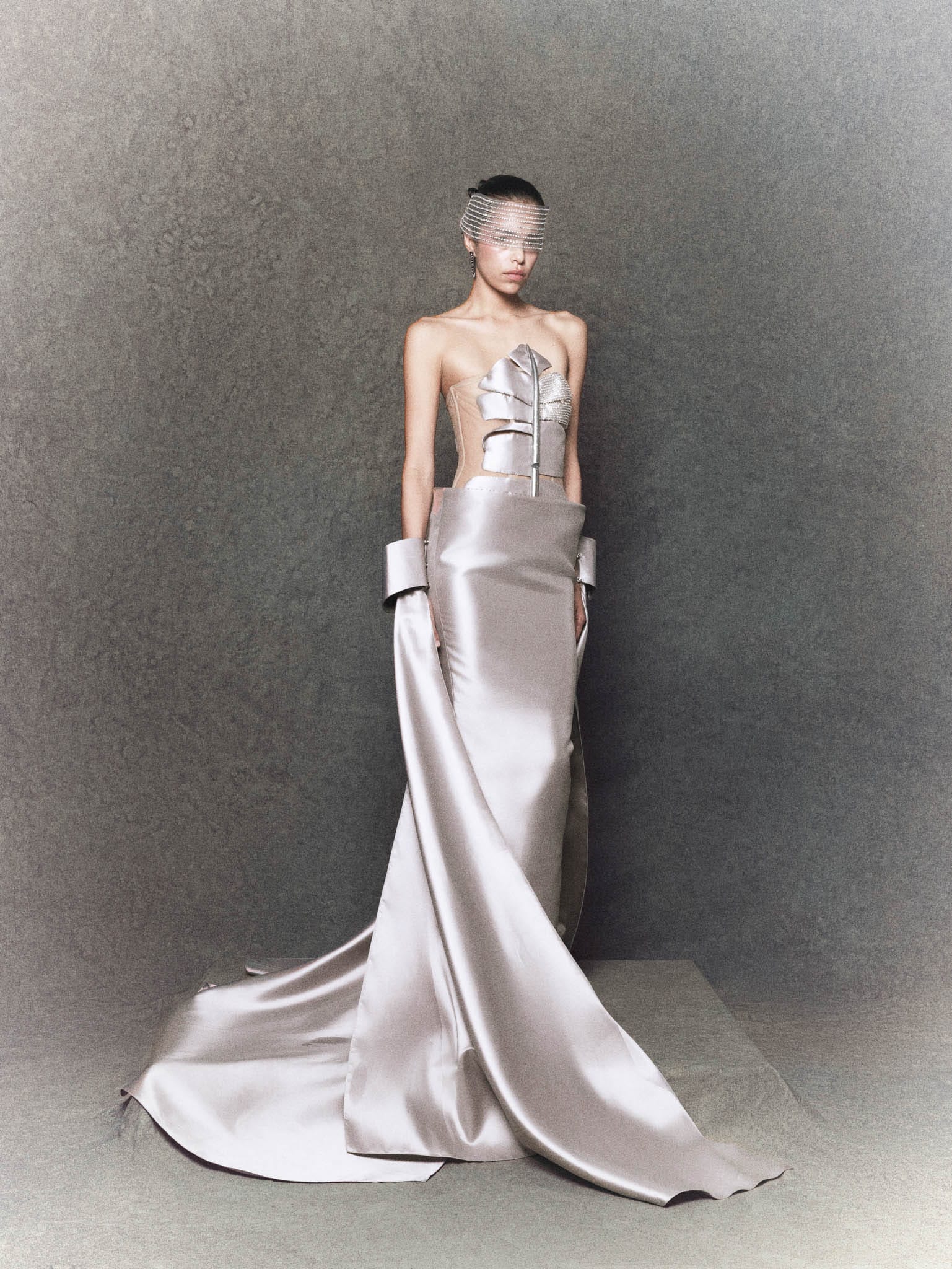 Strapless Grey Taffeta Gown with Sculpted Crystal Banana Leaf and Veil - Image 3