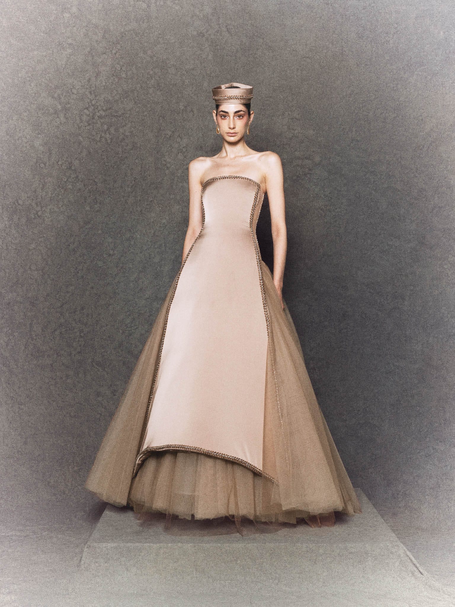 Strapless A-Line Gown with Golden-Bronze Silk Panel, Wooden Bead Trimmings, and Tulle Skirt