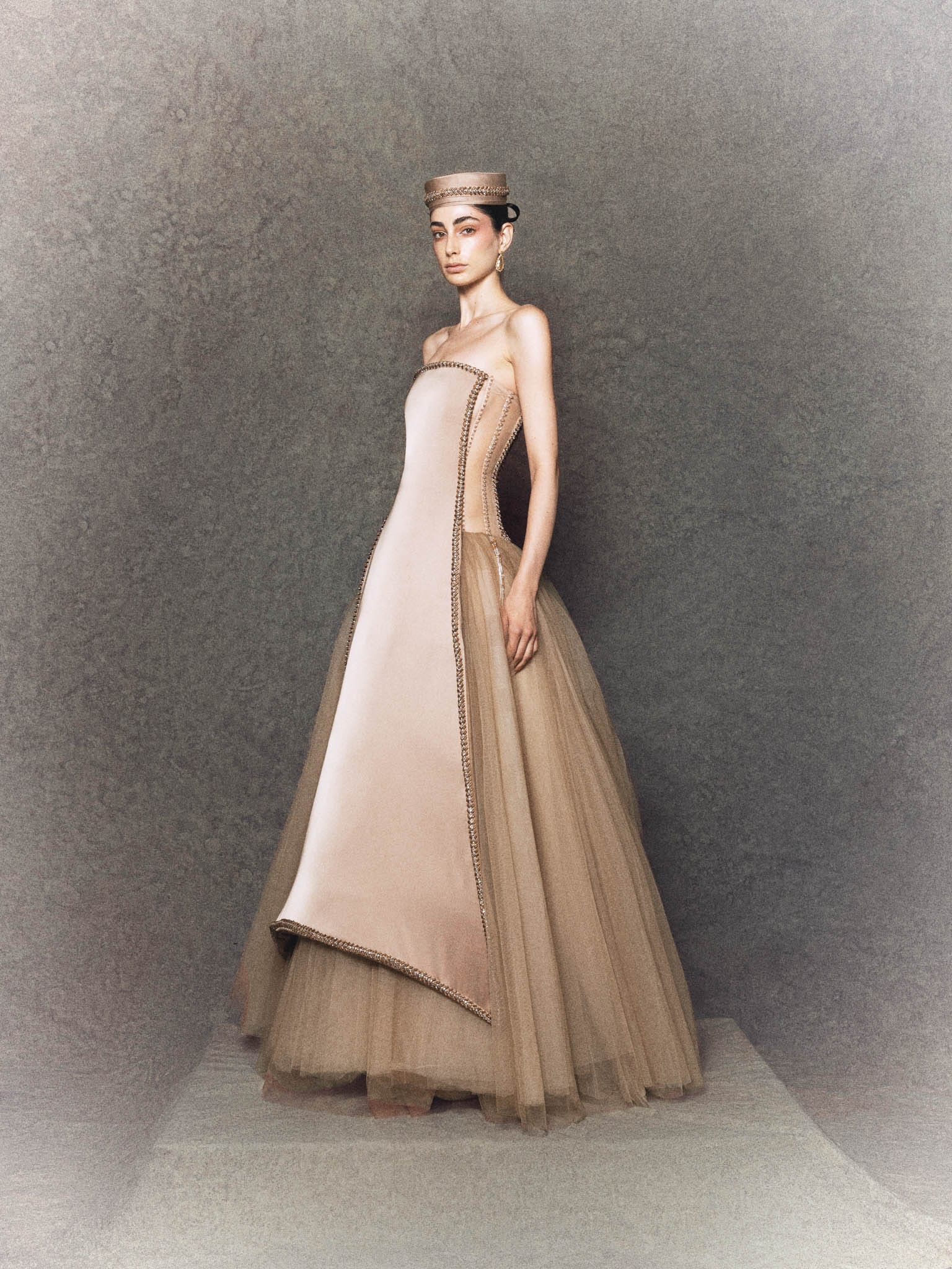 Strapless A-Line Gown with Golden-Bronze Silk Panel, Wooden Bead Trimmings, and Tulle Skirt - Image 3