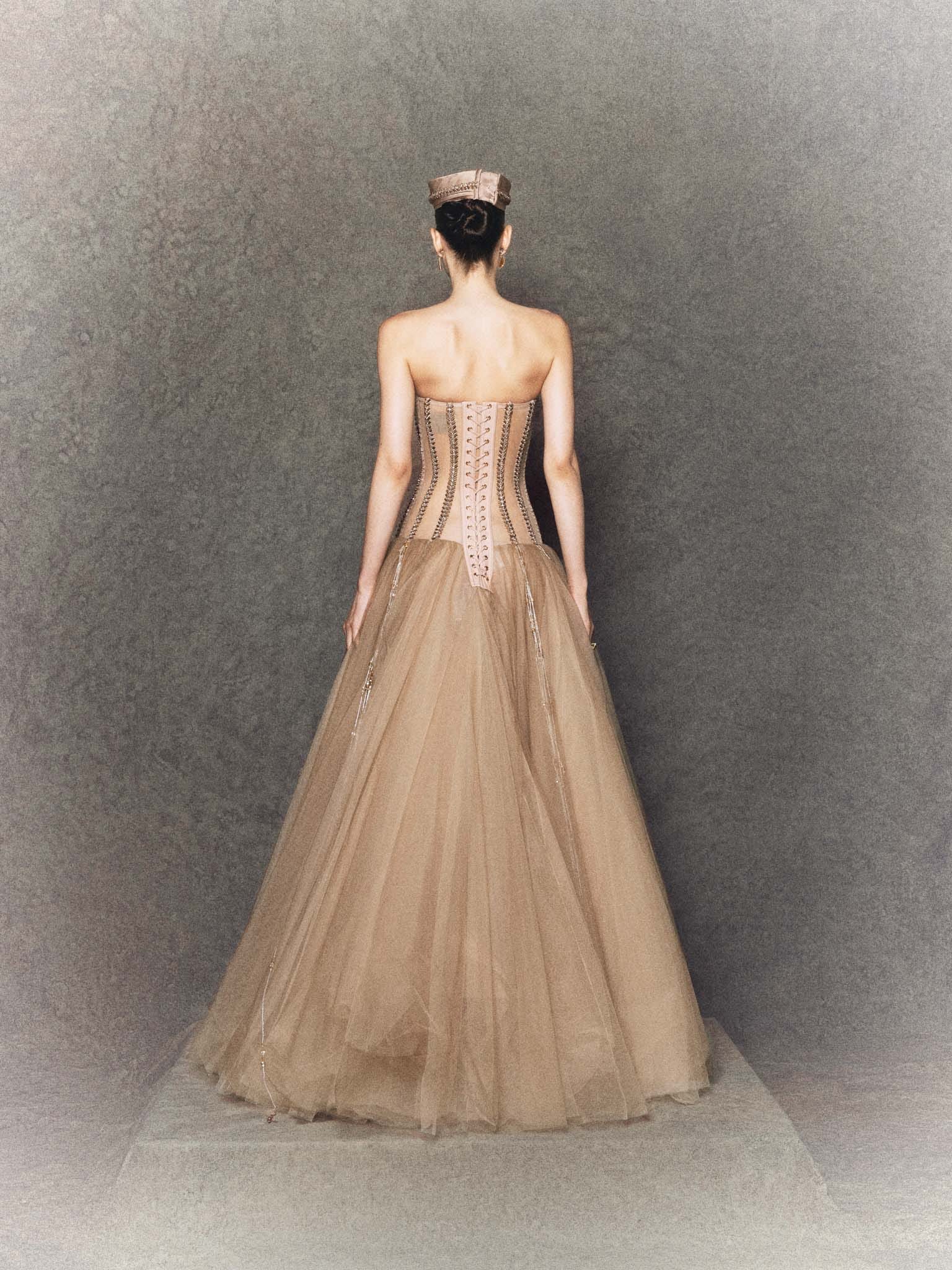 Strapless A-Line Gown with Golden-Bronze Silk Panel, Wooden Bead Trimmings, and Tulle Skirt - Image 2