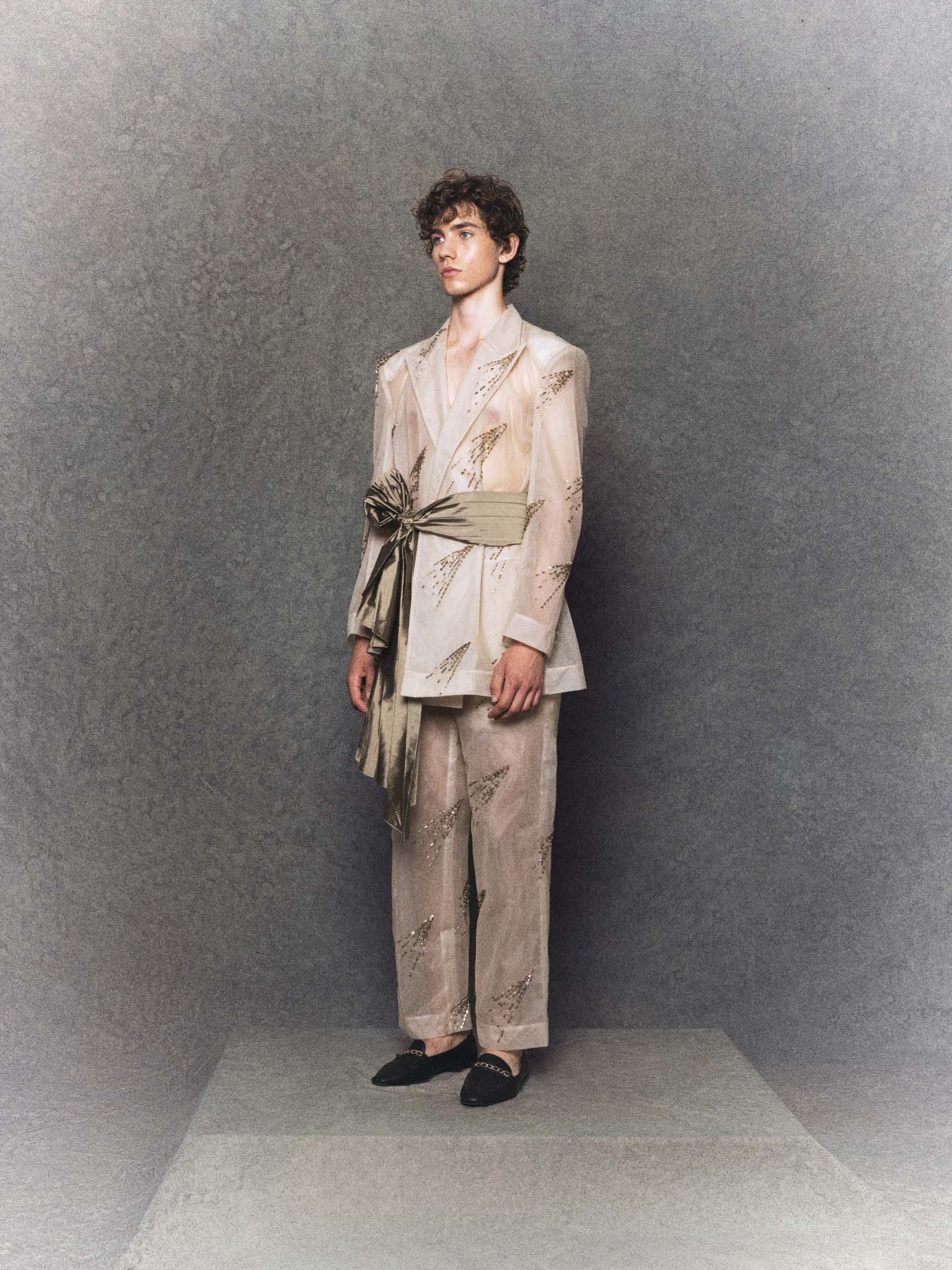 Sheer Nude Organza Tailored Suit with Café Crystal Embroidery and Olive Taffeta Sash - Image 3