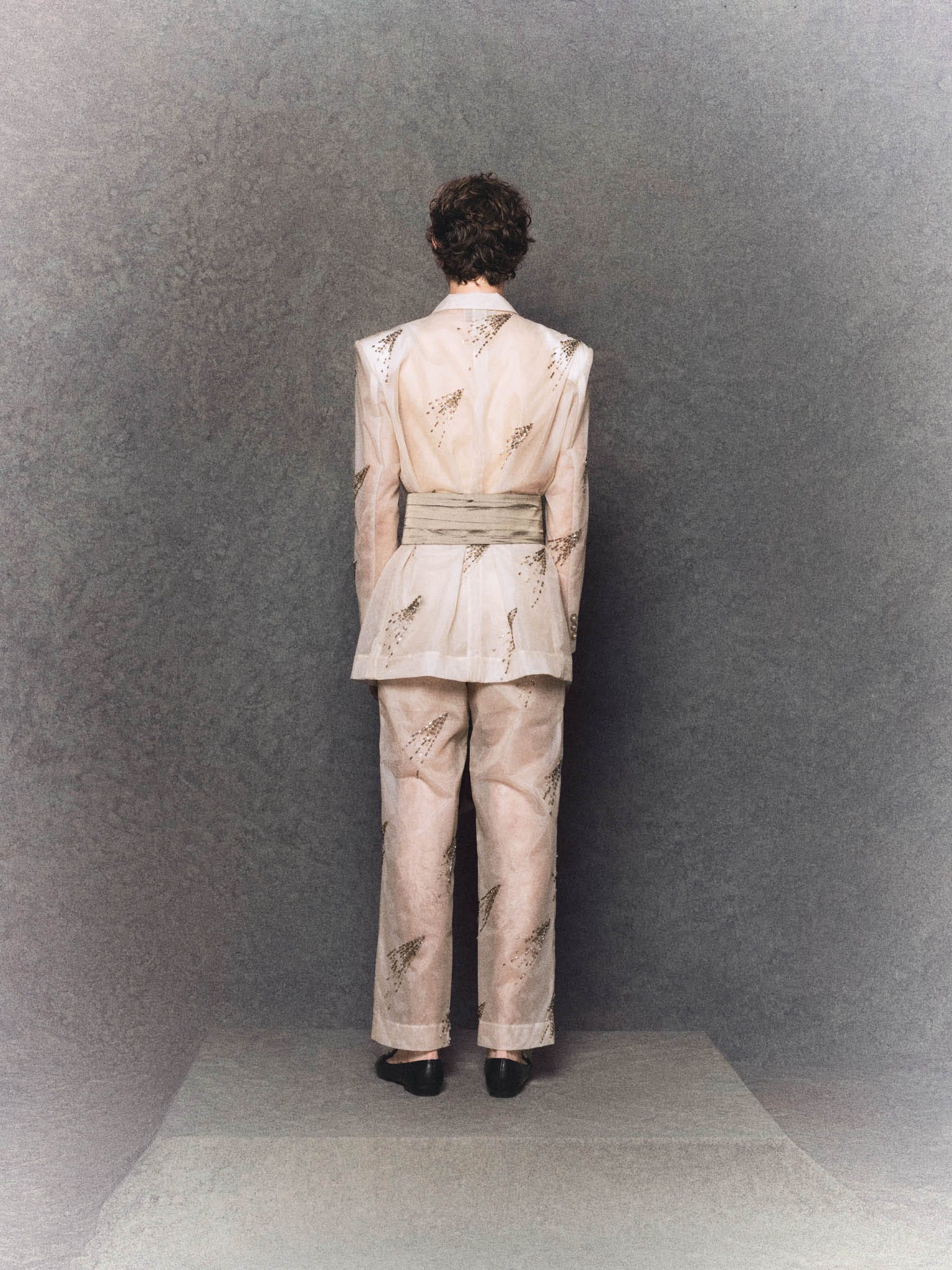 Sheer Nude Organza Tailored Suit with Café Crystal Embroidery and Olive Taffeta Sash - Image 2