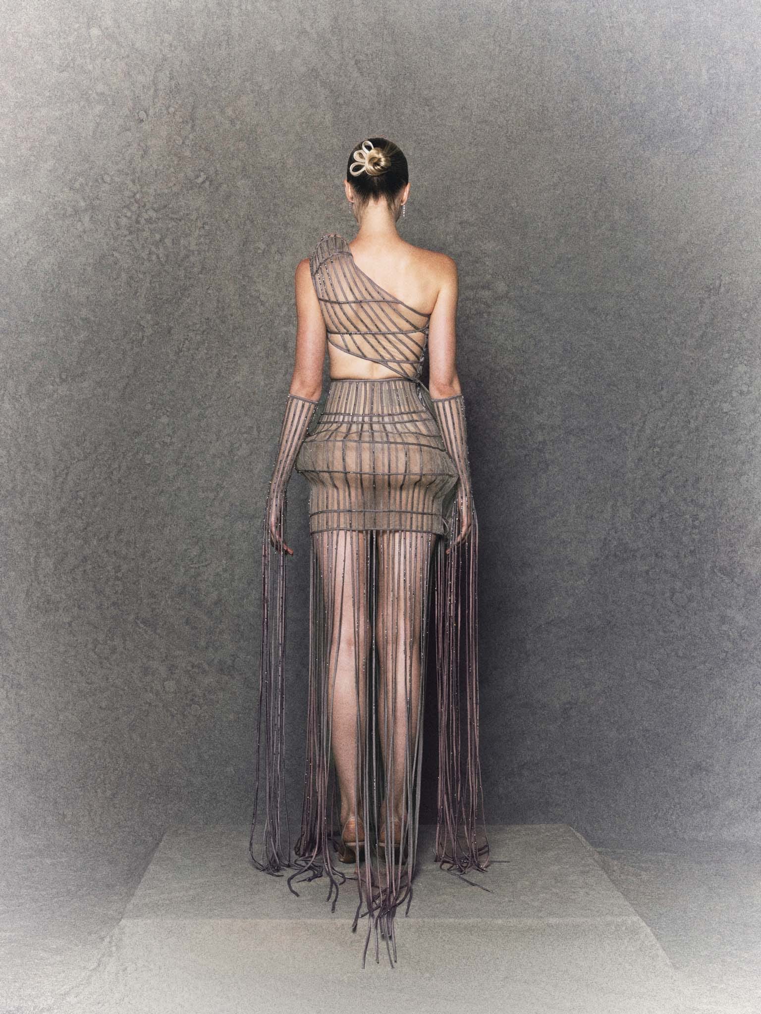 One-Shoulder Nude Mesh Mini Dress with Brown Trim and Cascading Crystal Fringes - Image 2