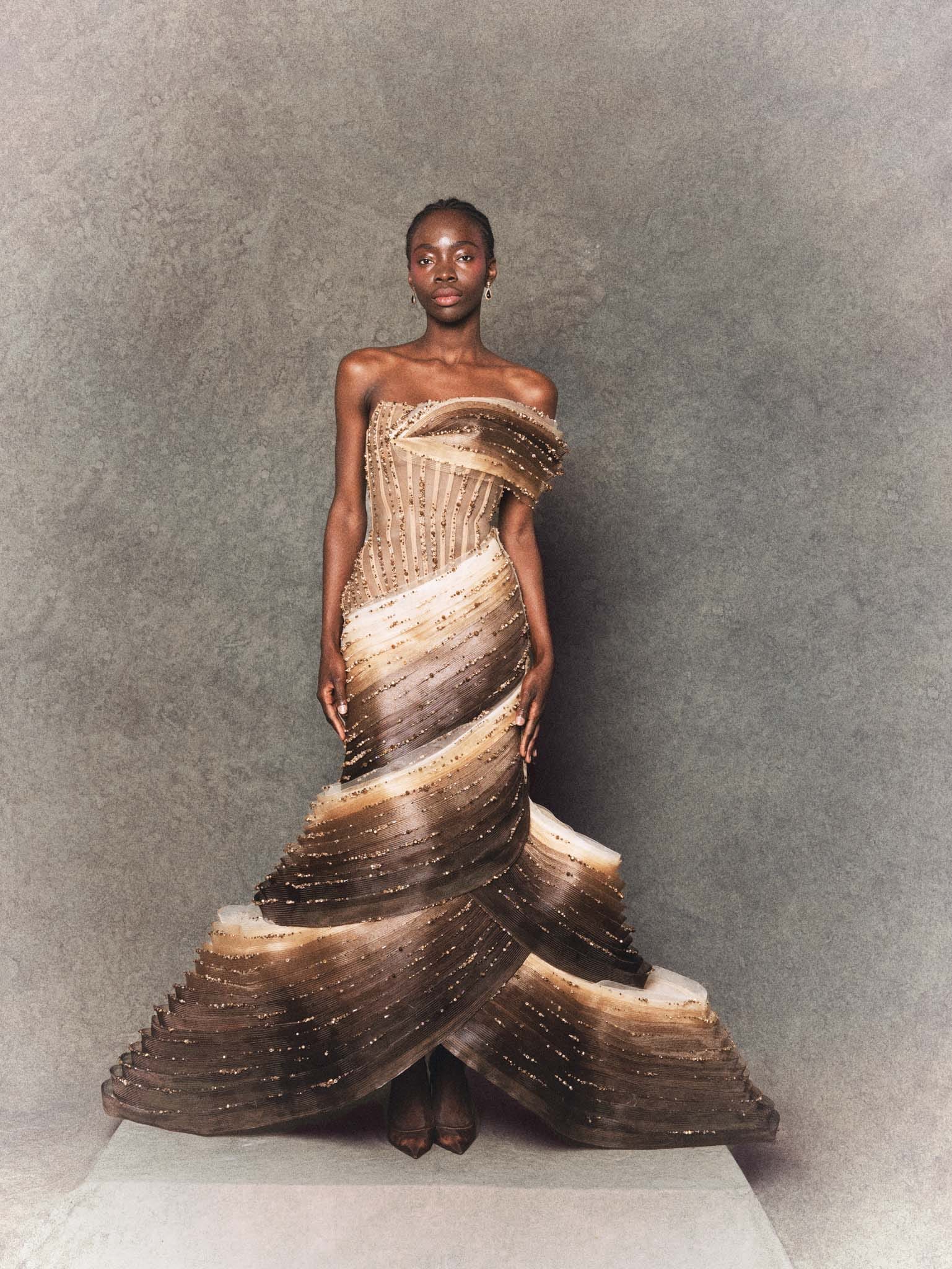 Brown Gradient Stretch Mesh Mermaid Gown with Crystal Embellishments and Contouring