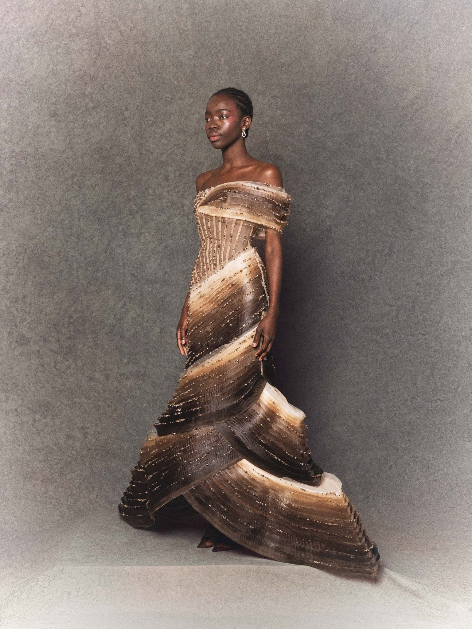 Brown Gradient Stretch Mesh Mermaid Gown with Crystal Embellishments and Contouring - Image 3