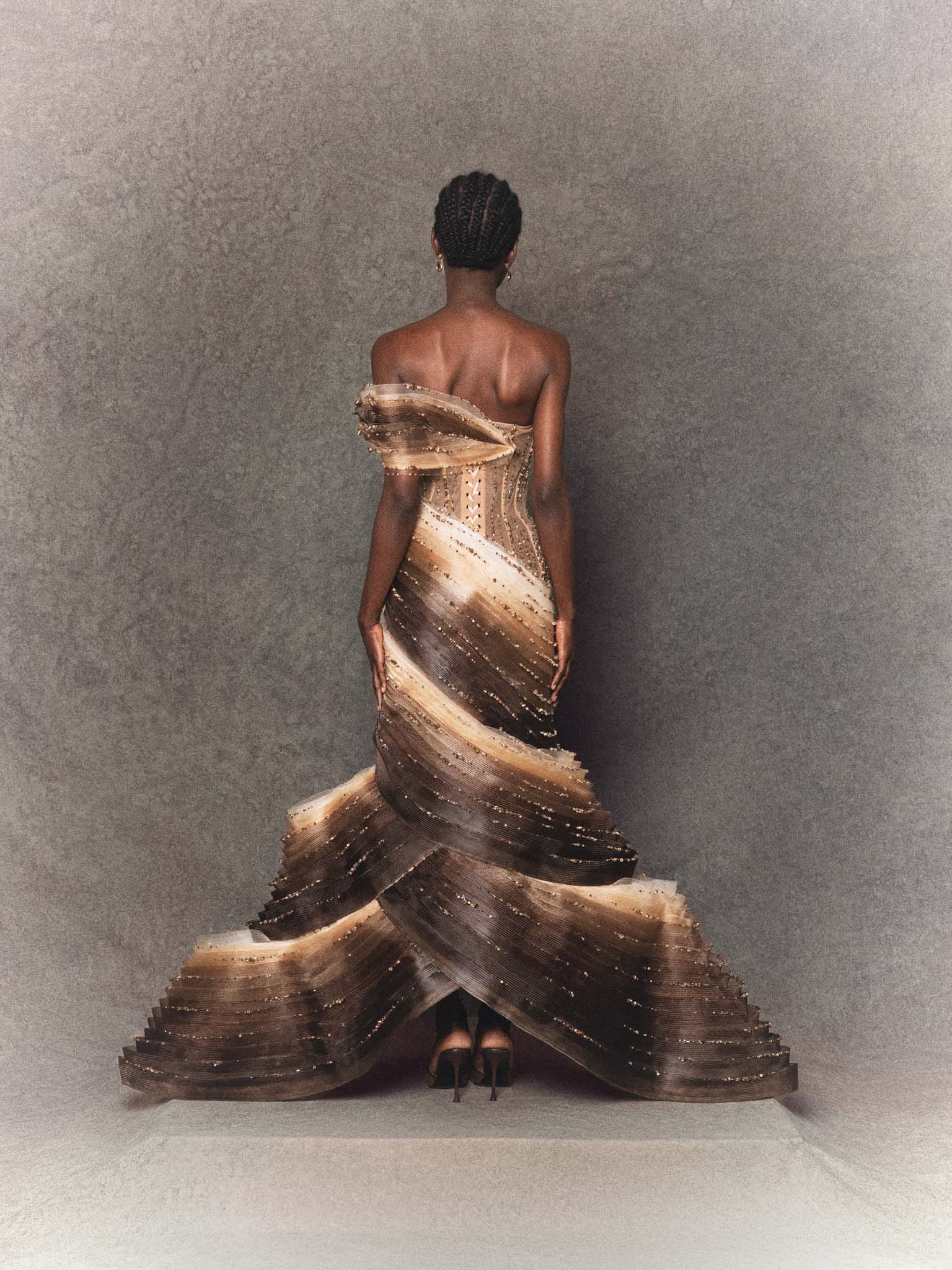 Brown Gradient Stretch Mesh Mermaid Gown with Crystal Embellishments and Contouring - Image 2