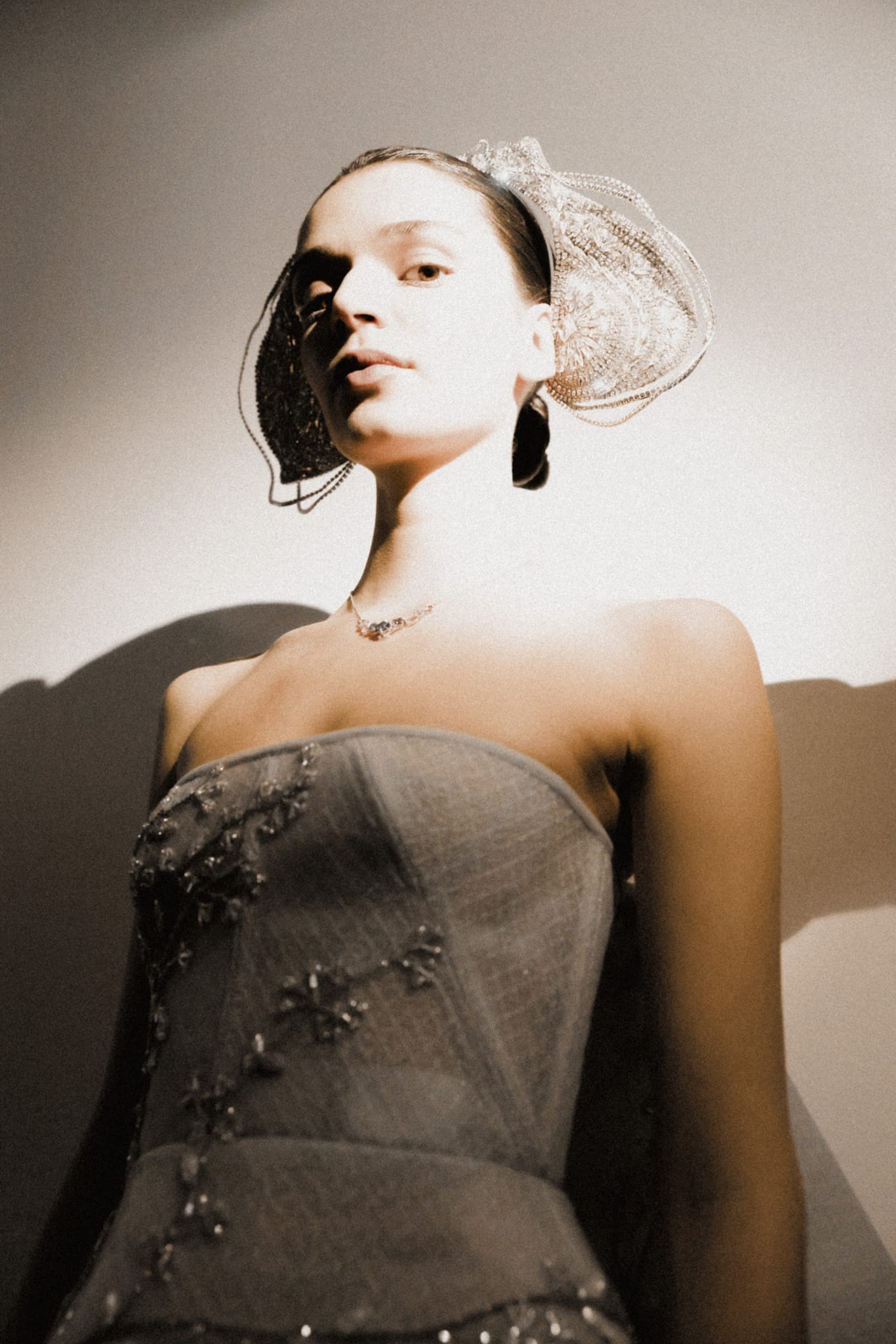Strapless Mini Dress with High-Low Cape in Silvery Grey Checker Tulle - Image 4