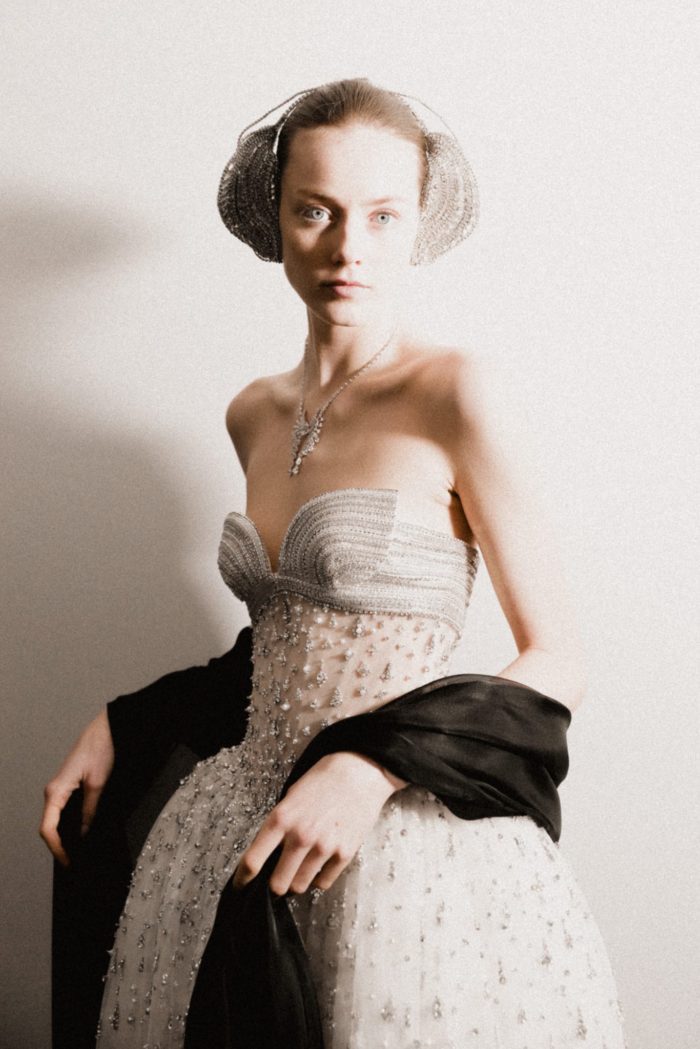 Strapless maxi ball gown with crystal-encrusted bustier