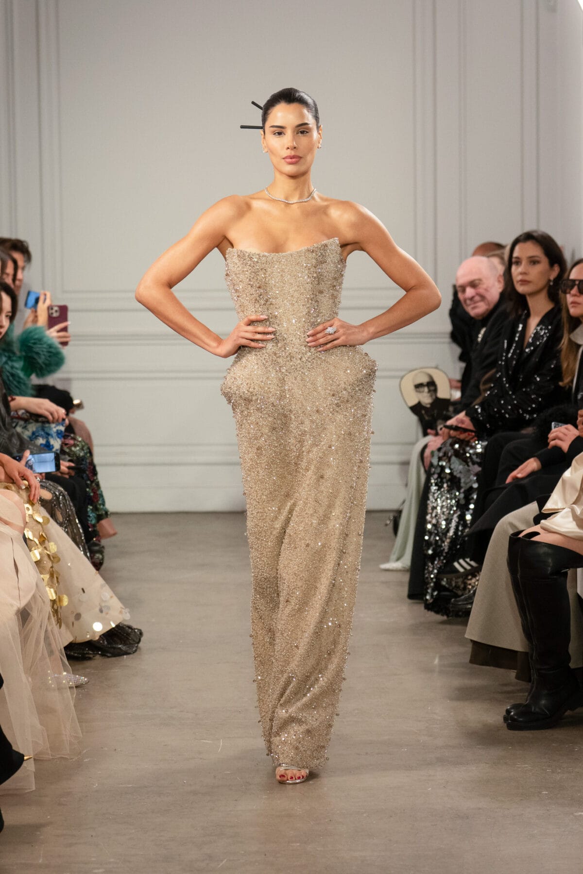 Strapless bustier column dress in beige metallic fabric