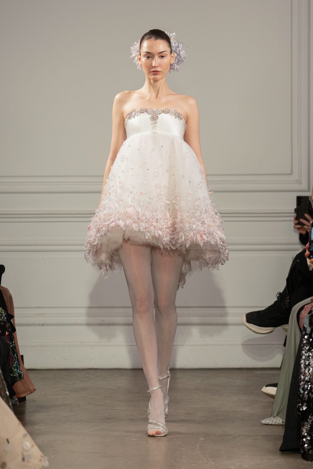 Ivory white strapless babydoll dress with layered tulle