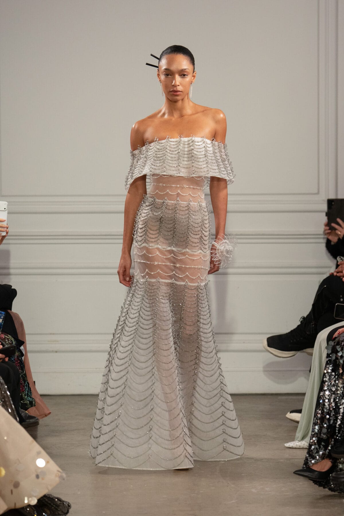 Off-the-shoulder fit and flare gown in silvery white