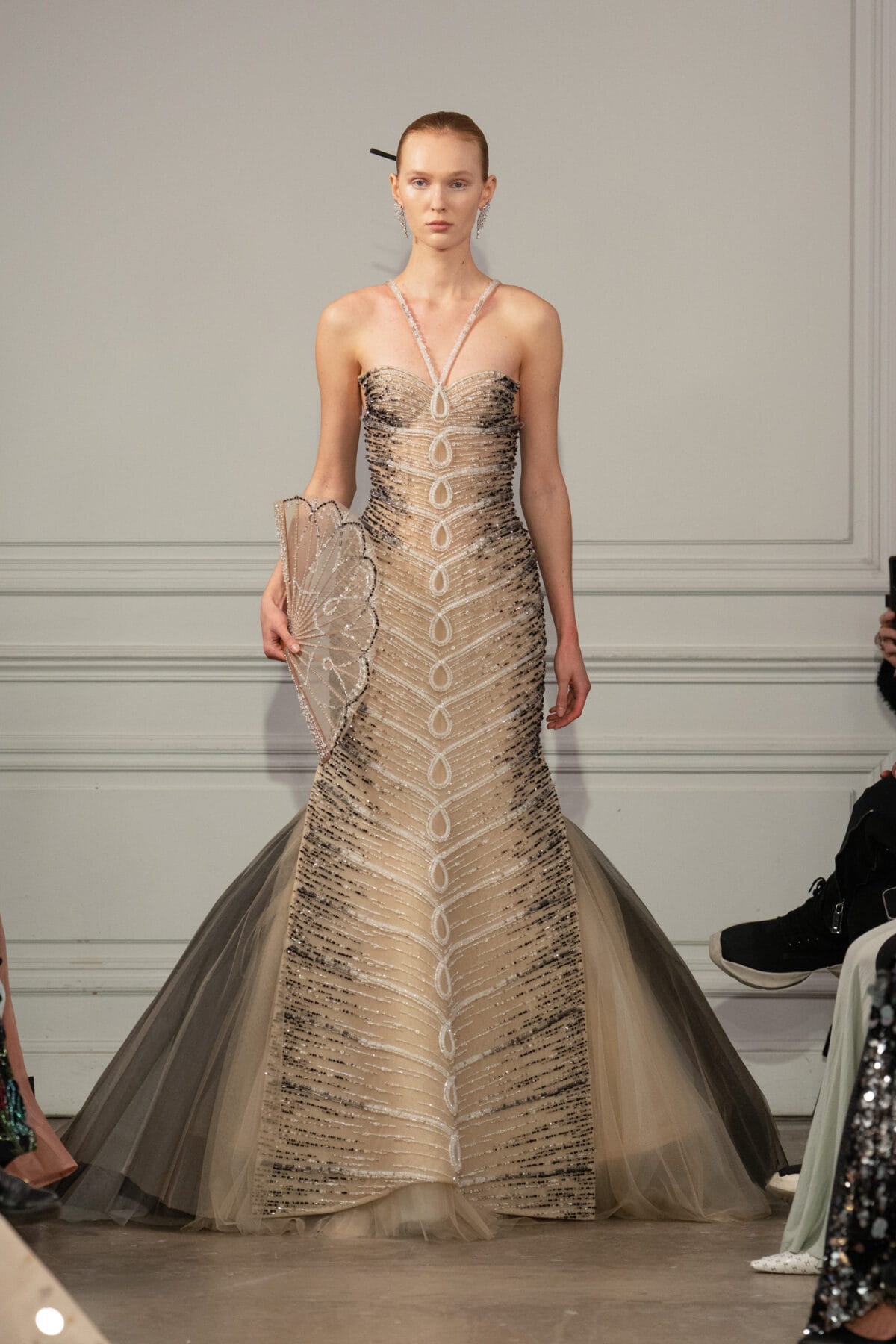 Black and cream mermaid tulle gown inspired by Vietnamese Áo Dài