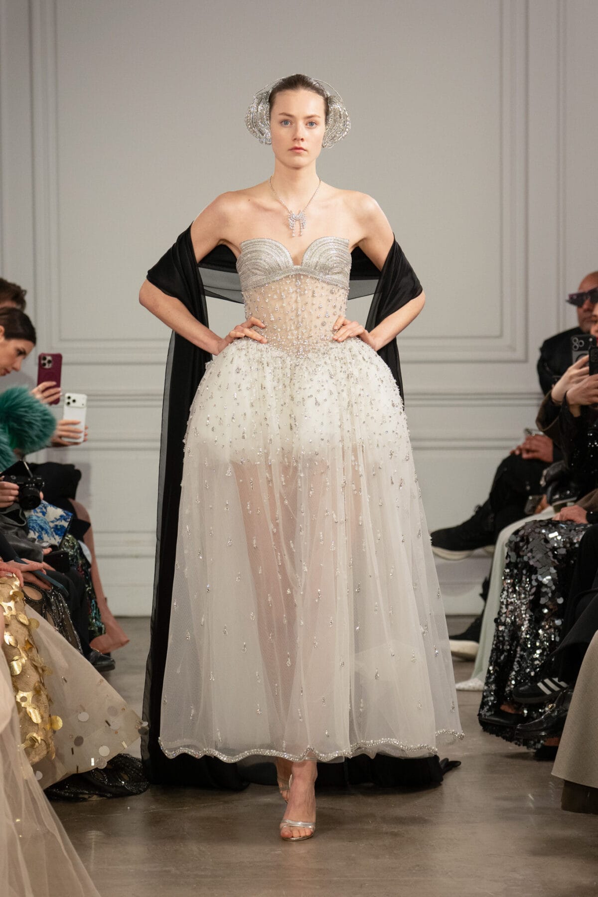 Strapless maxi ball gown with crystal-encrusted bustier