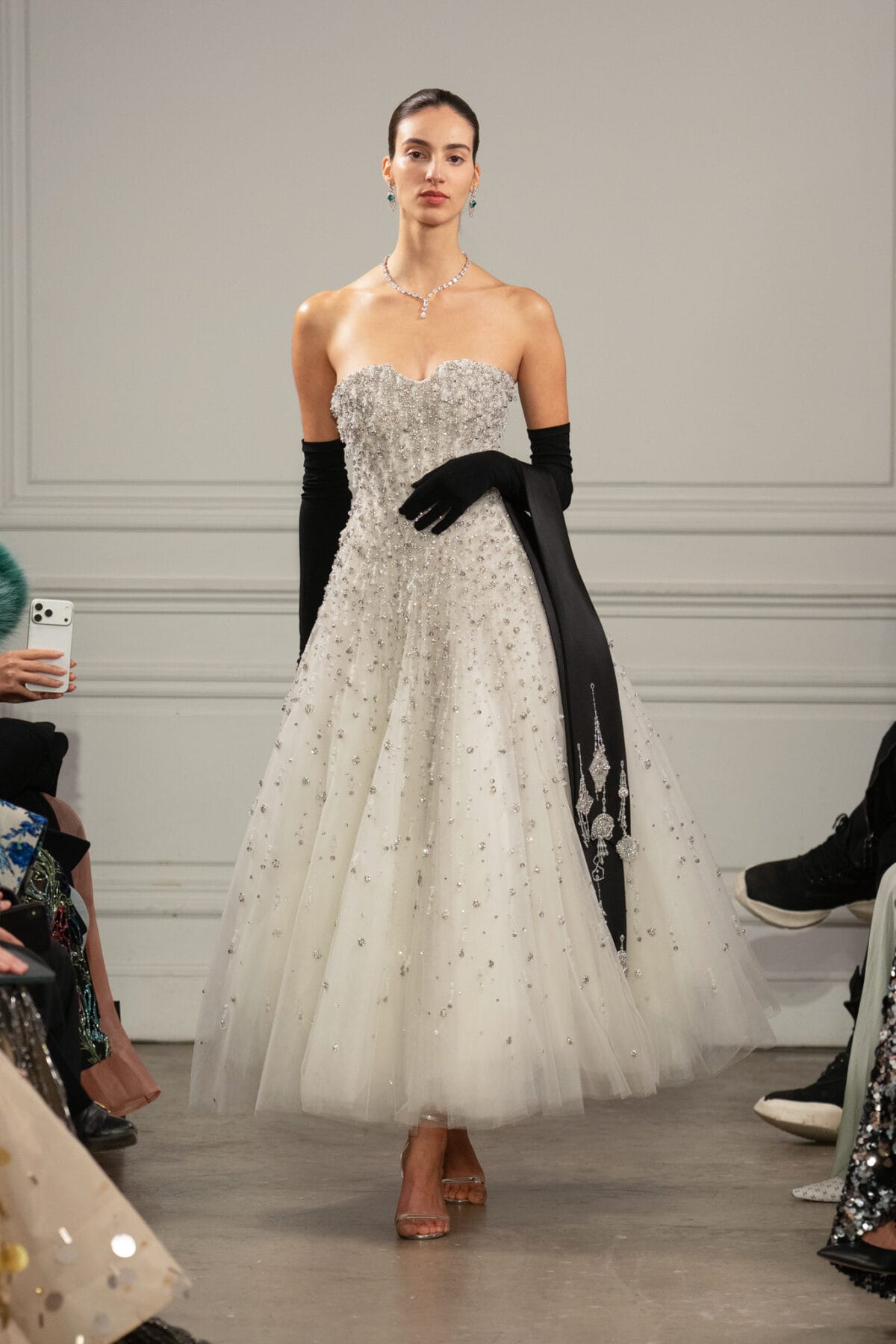 White maxi A-line tulle dress with crystal bustier