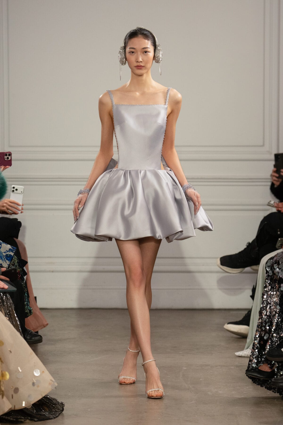 Silver grey taffeta cocktail dress with balloon skirt