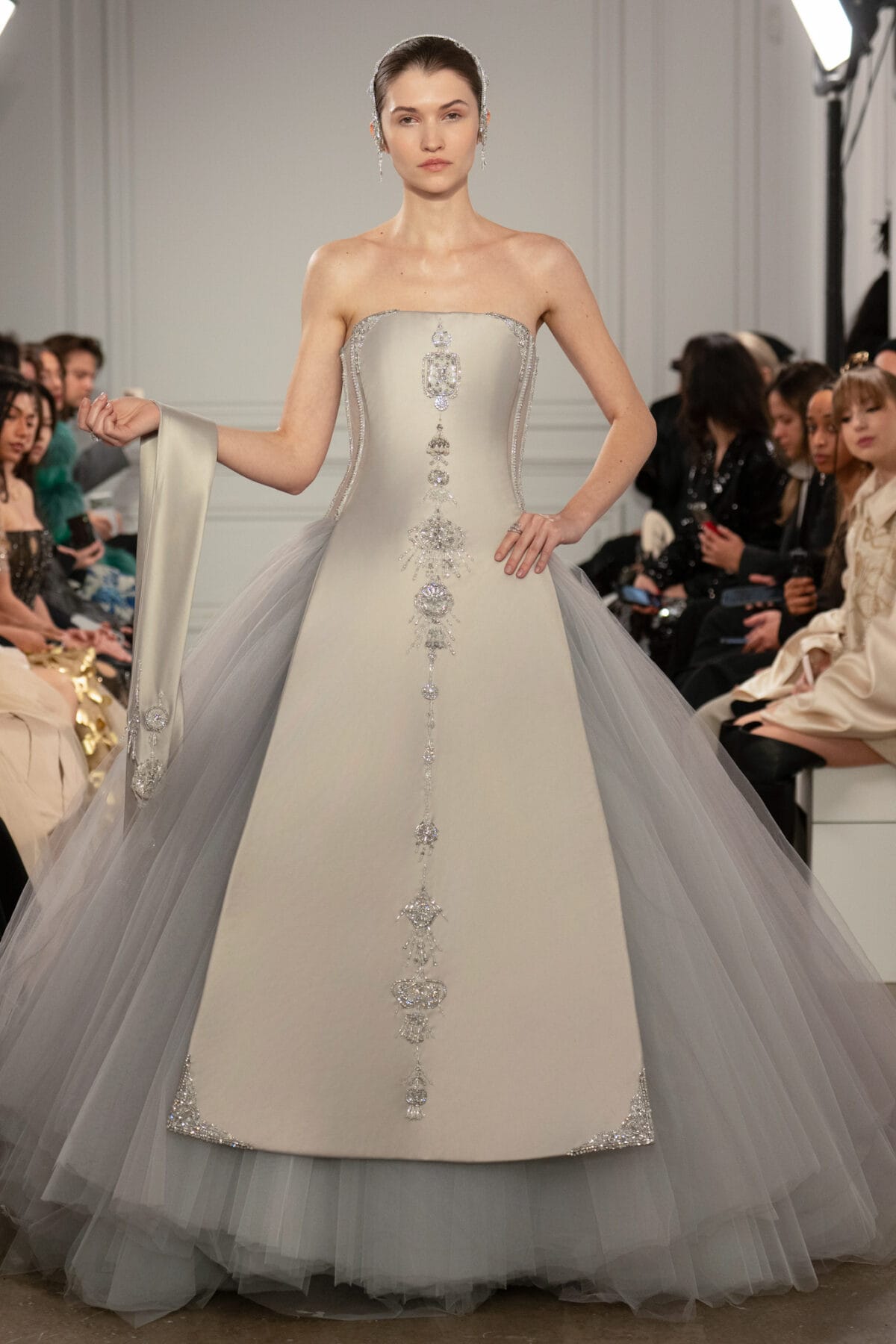 Strapless dove grey tulle ball gown with Áo Dài-inspired satin panel