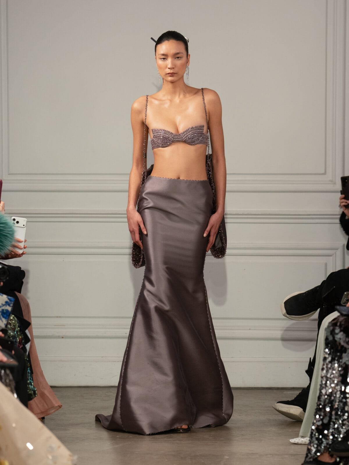 Bralette and mermaid skirt ensemble in dusky taupe taffeta