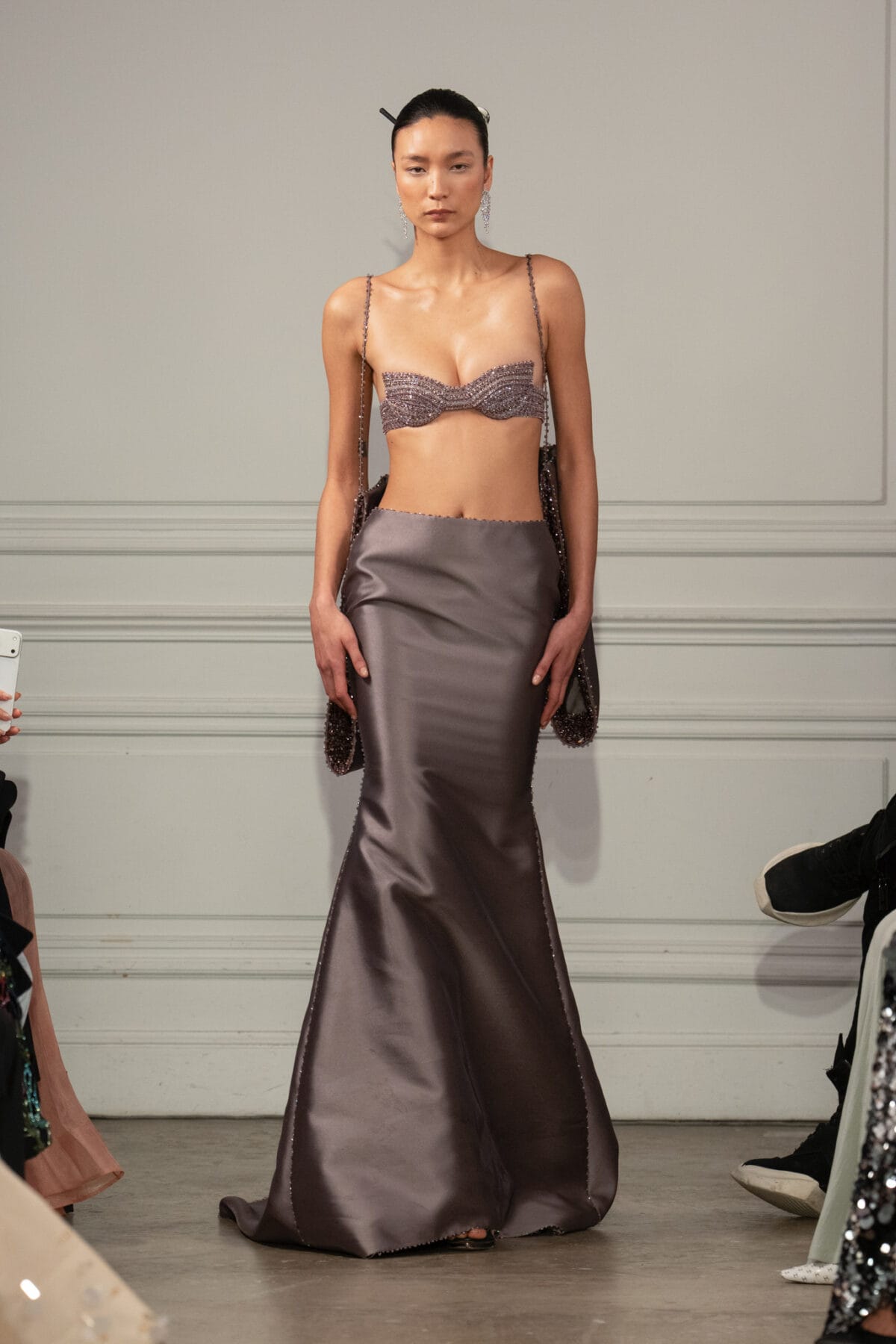 Bralette and mermaid skirt ensemble in dusky taupe taffeta