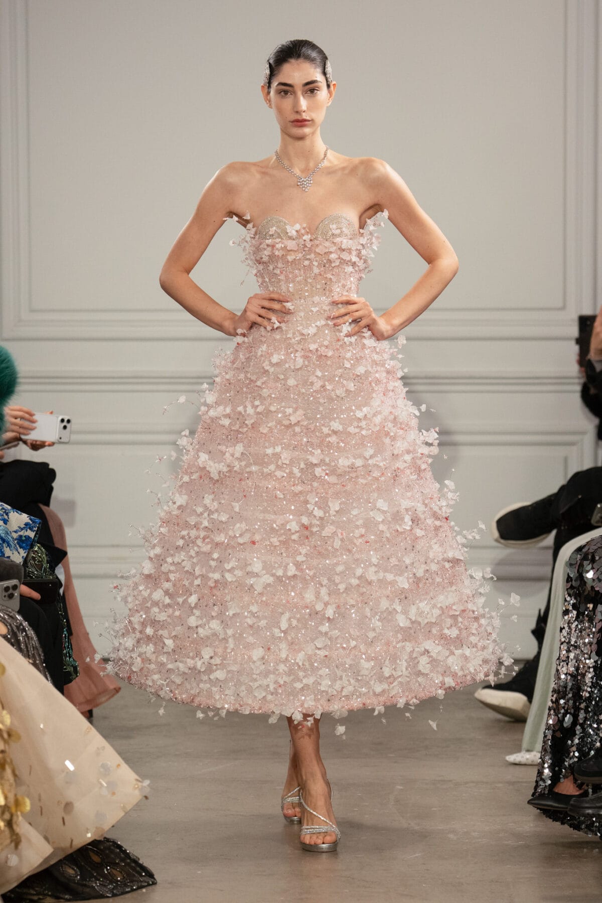 Strapless tea-length ball gown in pastel pink