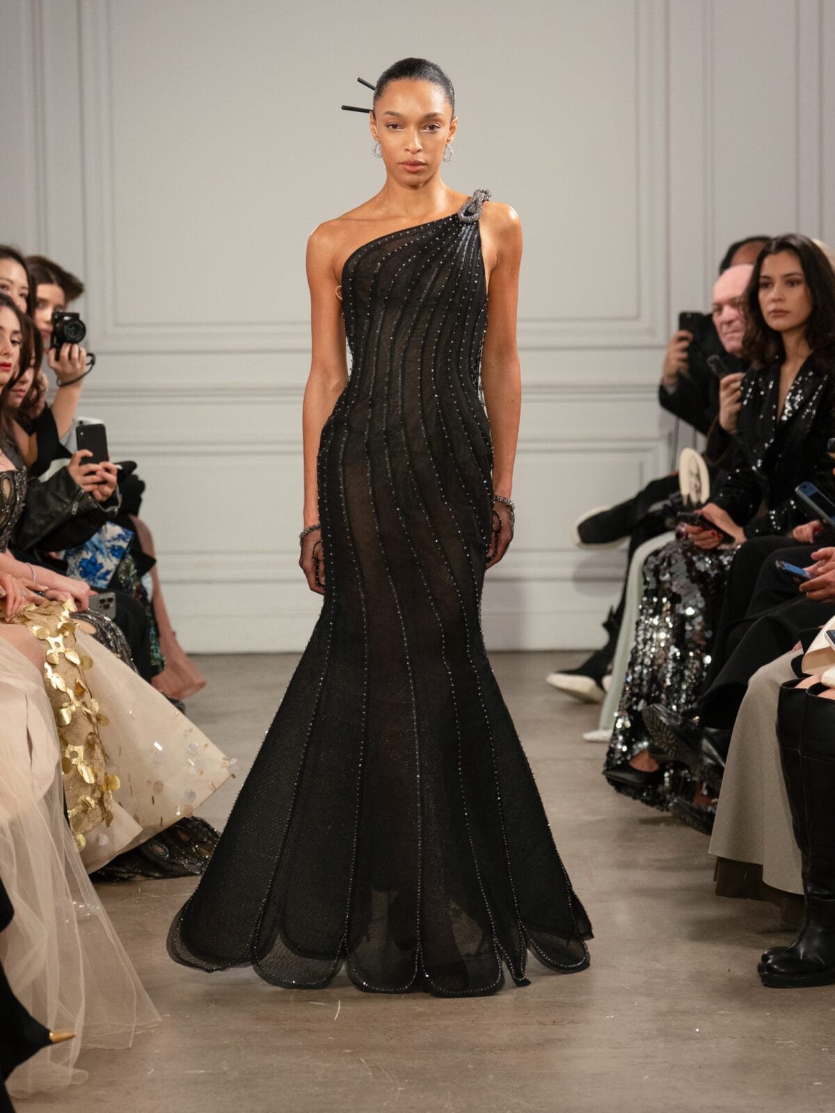 Asymmetrical black trumpet dress with beaded mesh