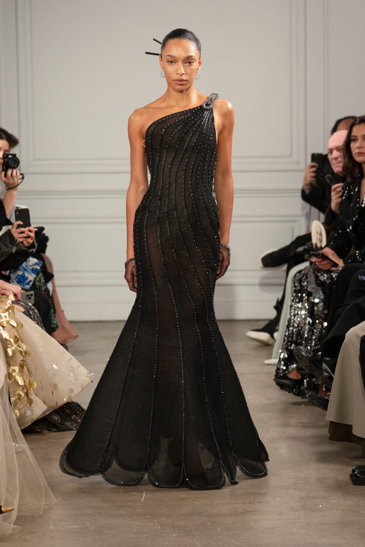 Asymmetrical black trumpet dress with beaded mesh
