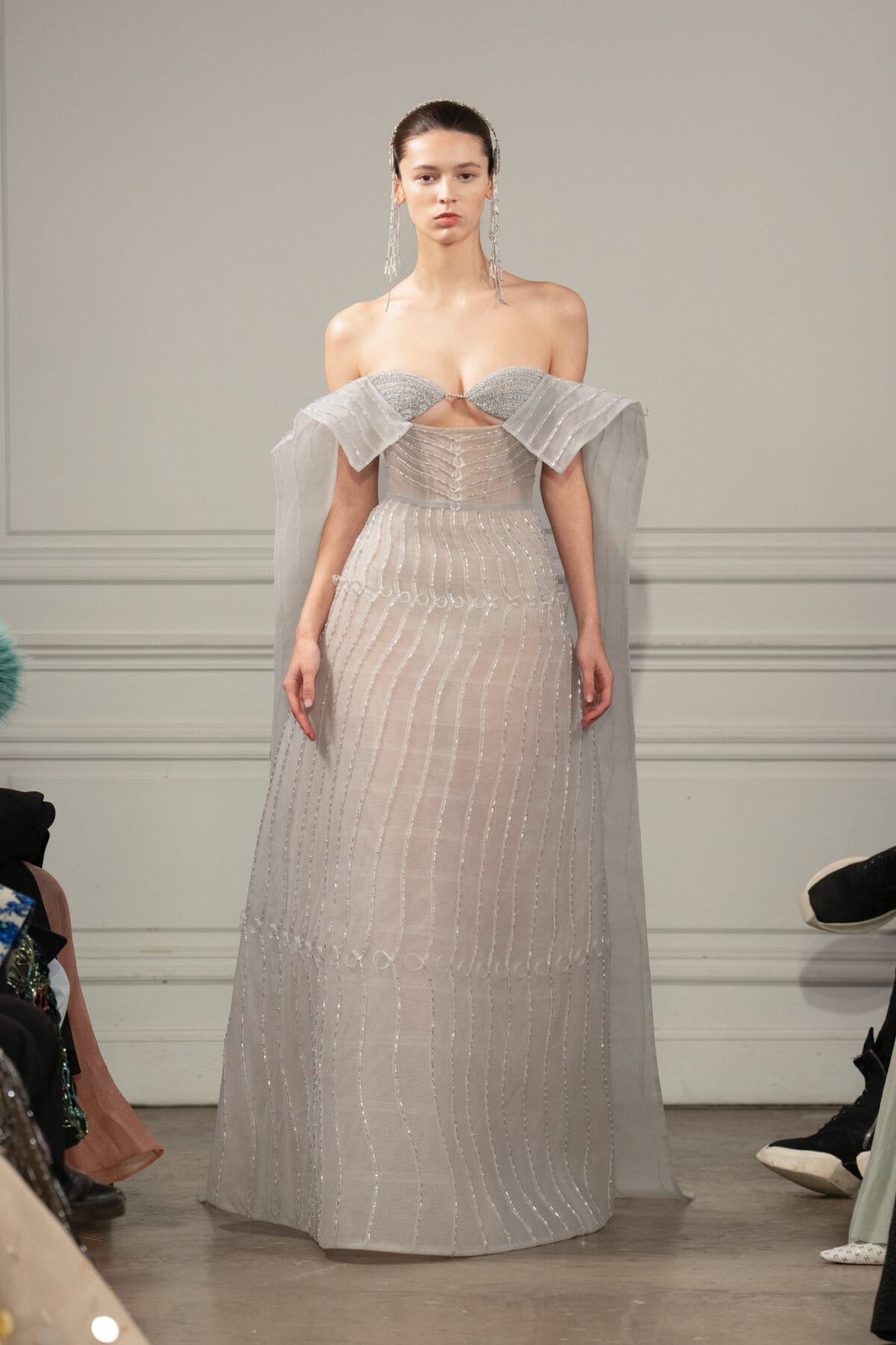 Floor-length column gown in pale grey