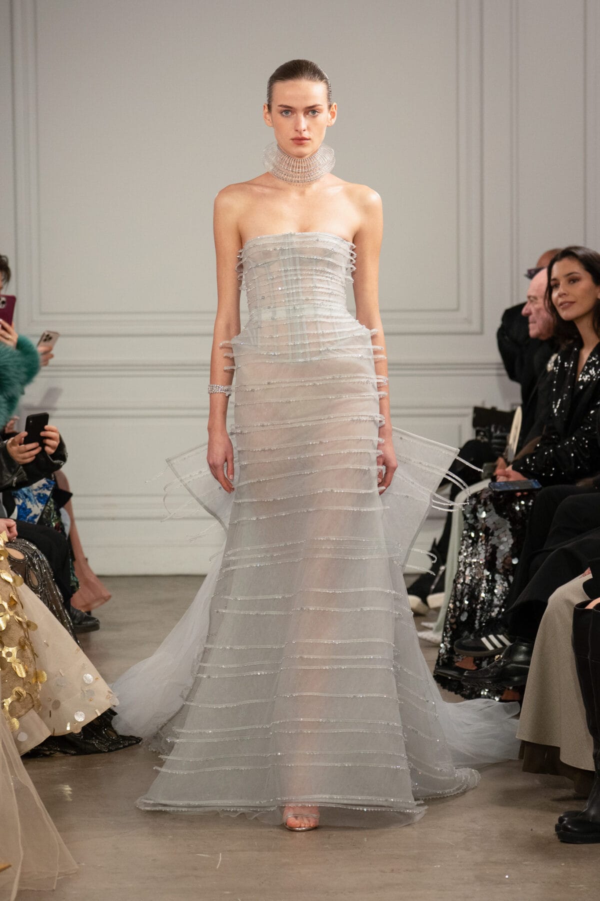 Sheer strapless fit and flare gown in icy grey