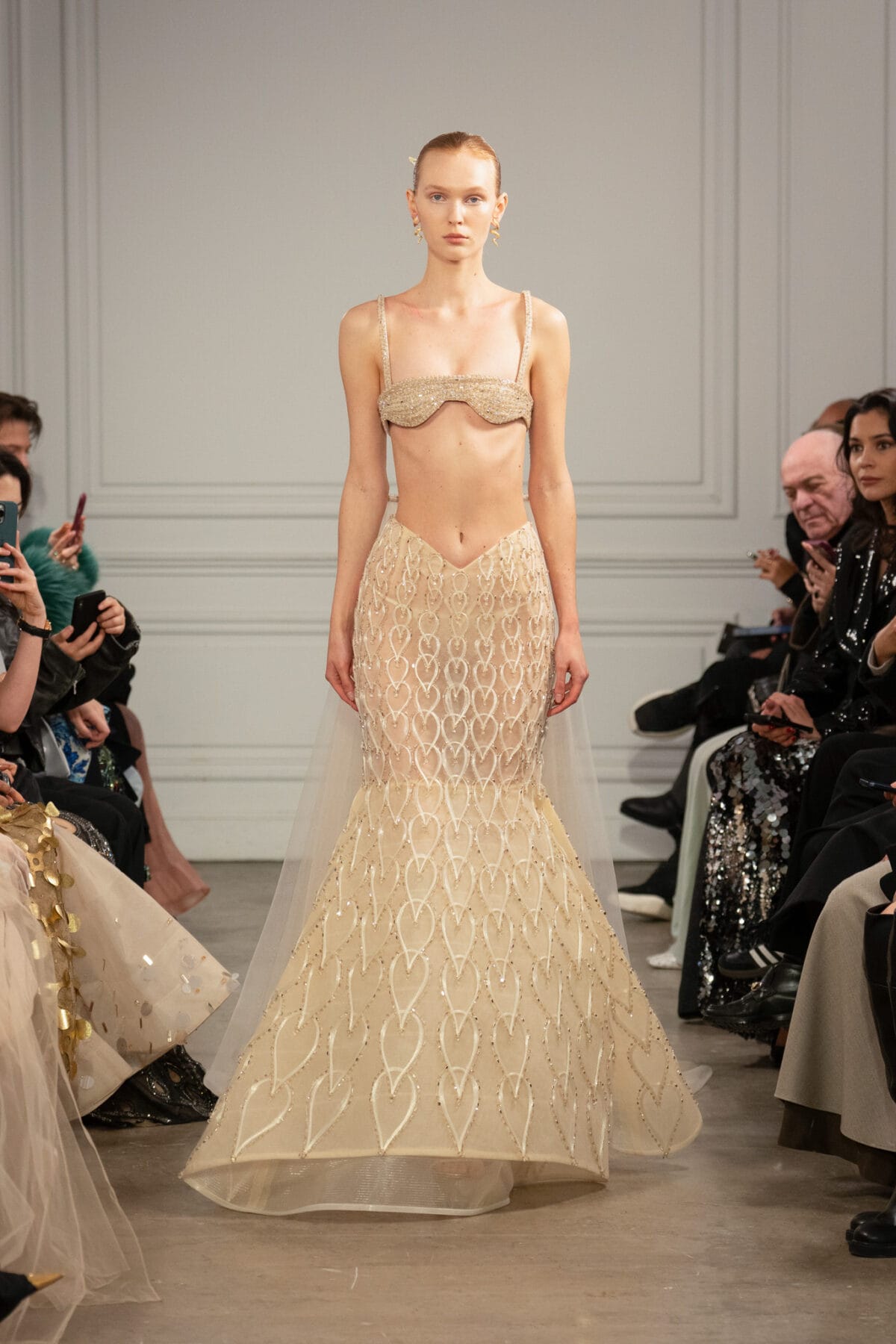 Bralette top and mermaid skirt ensemble in beige