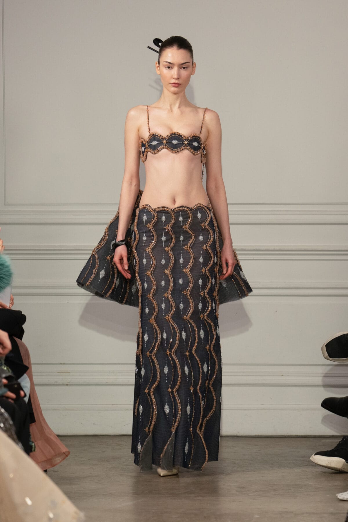 Bandeau top and column skirt ensemble in midnight blue