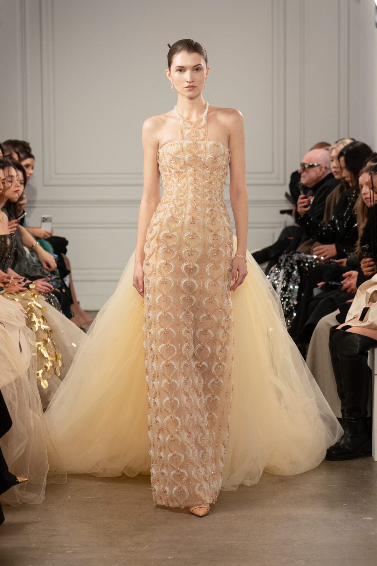Halterneck column dress in champagne beige