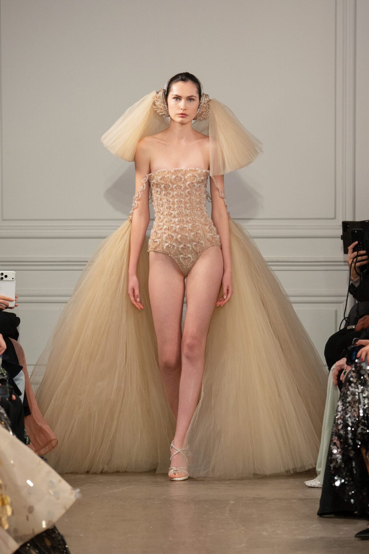 Leotard and overskirt ensemble in champagne beige